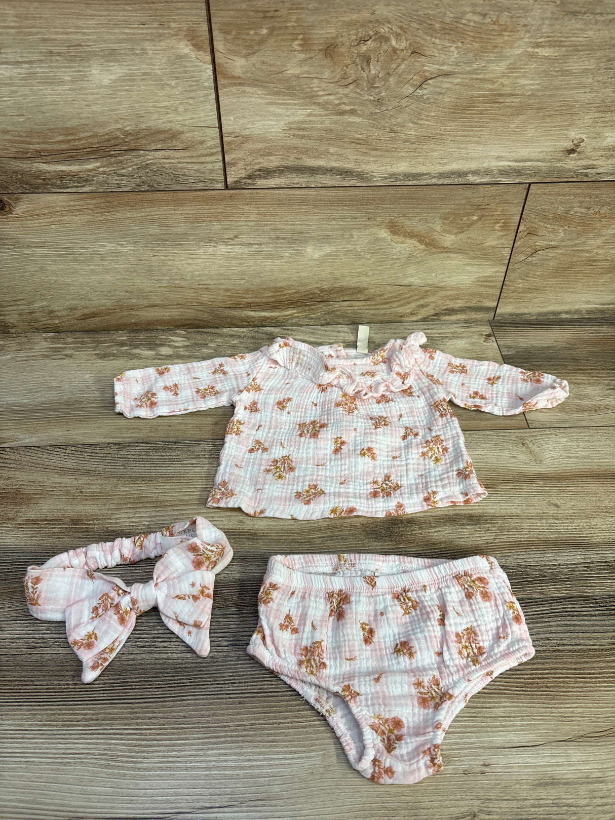 Chick Pea Organic 3pc Floral Gauze Top, Bottoms, & Headband Set Pink sz 0-3m