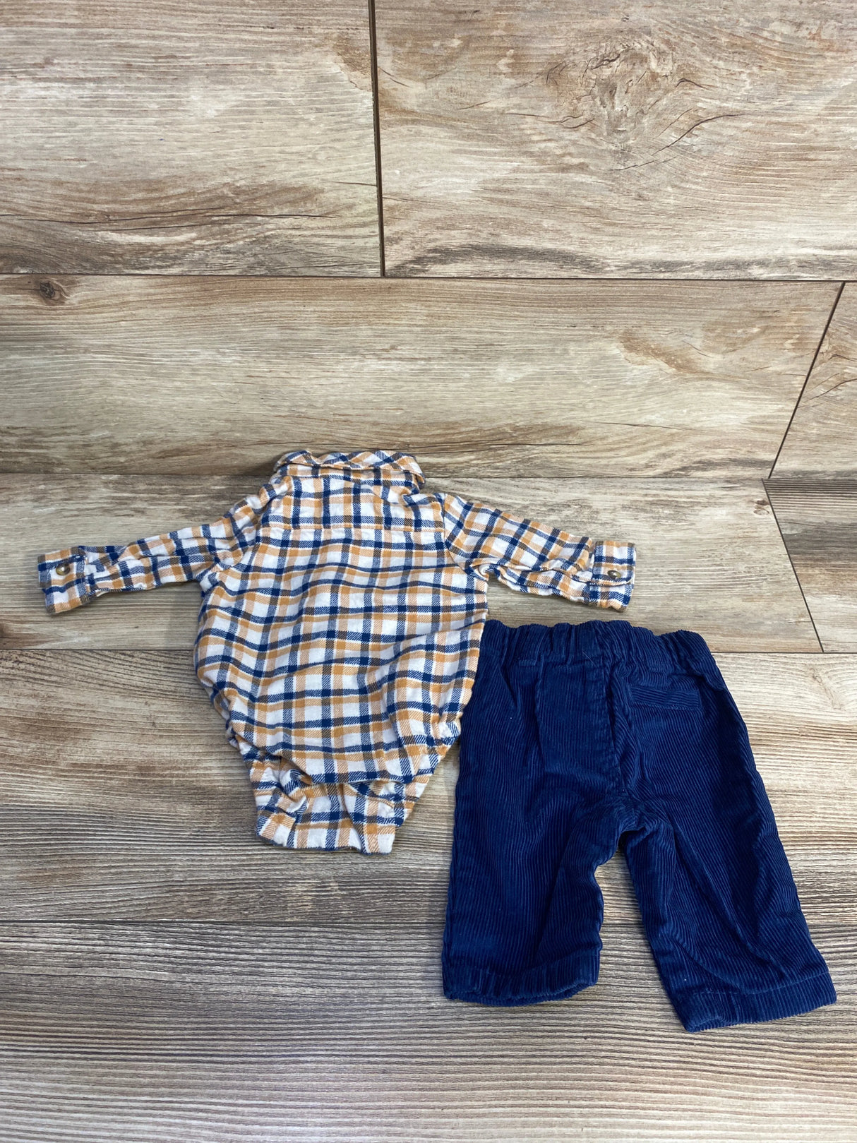 Just One You Plaid Button Up Bodysuit & Cord Pants Tan sz Newborn