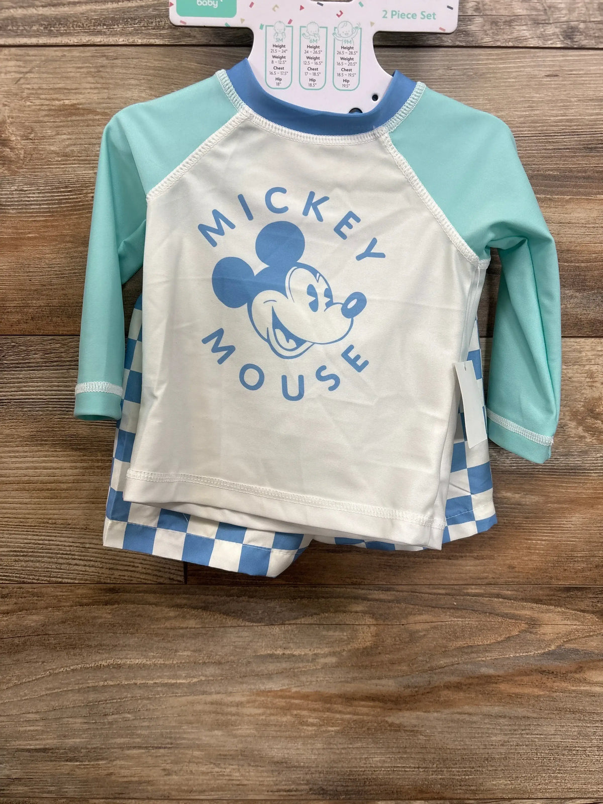 Mickey Mouse baby swim shirt and shorts set with mint green sleeves and blue checkered trim