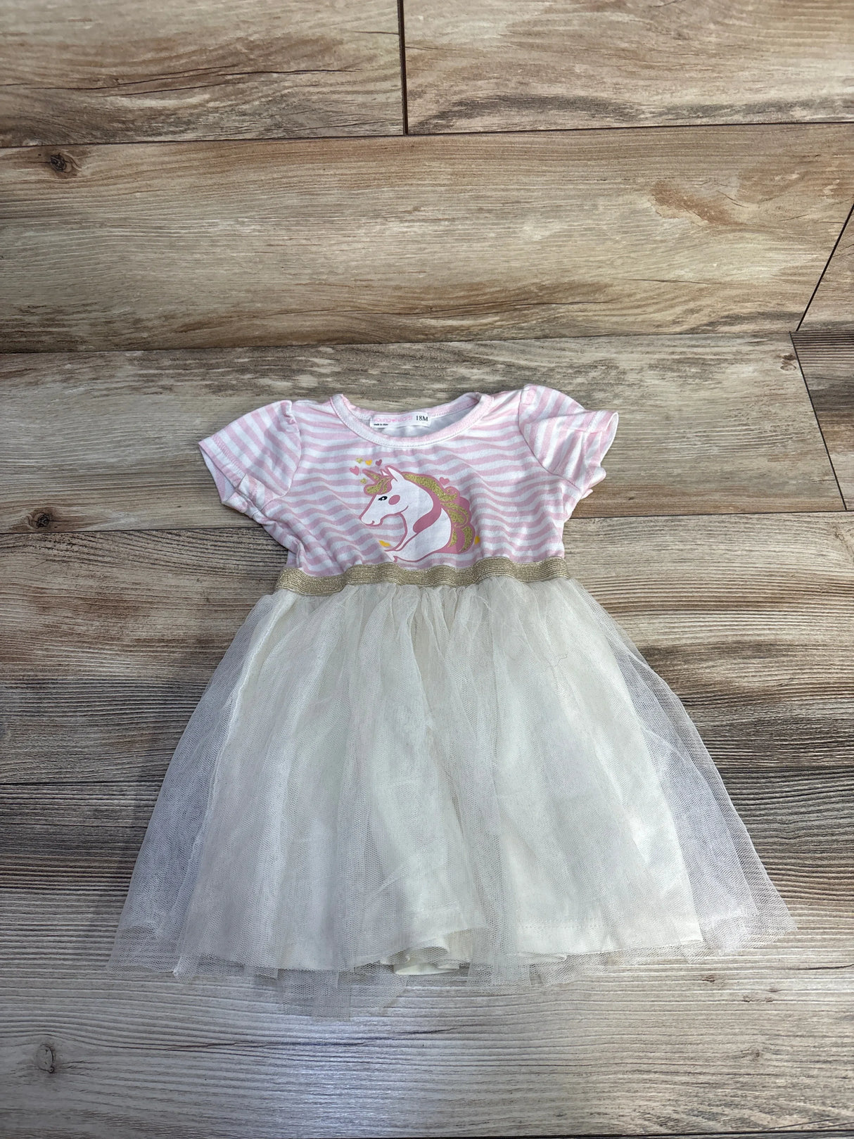 Infant dress with pink and white stripes and unicorn design, white tulle skirt, 18-month size