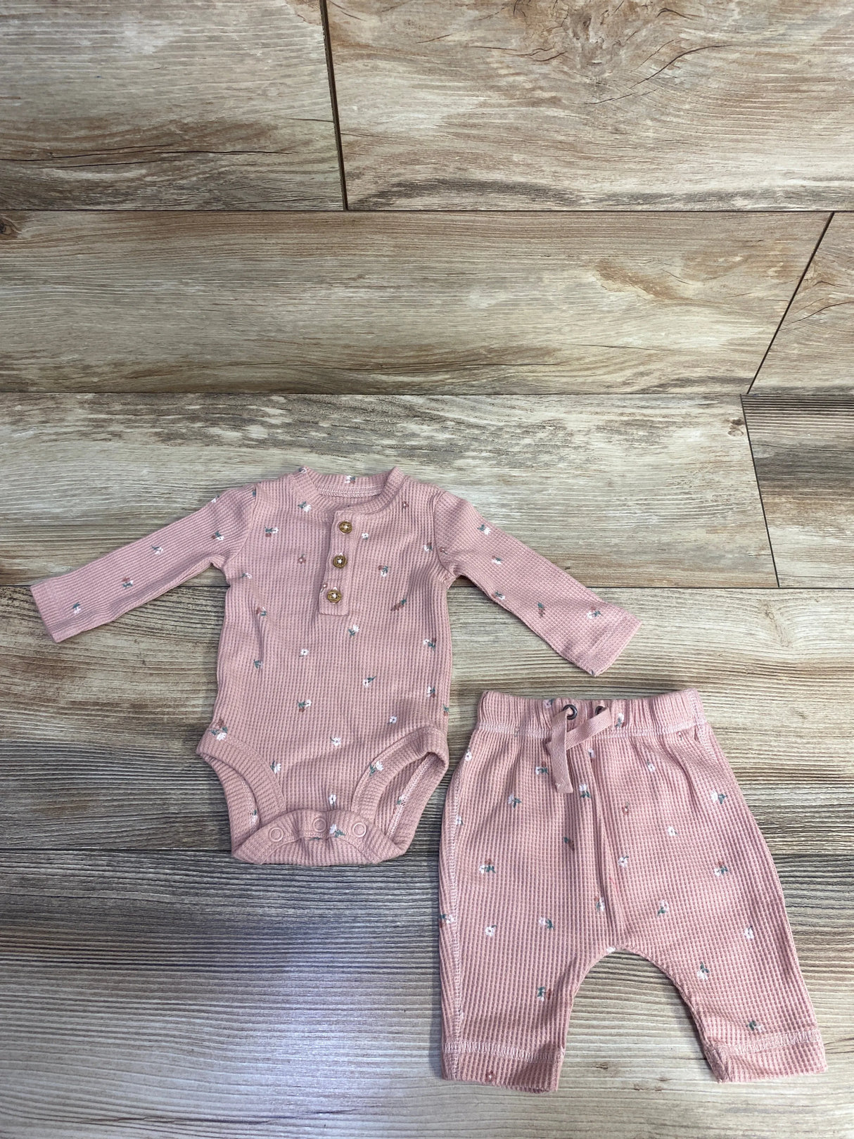 Carter's 2pc Floral Waffle Knit Henley Bodysuit & Pants Pink sz Newborn