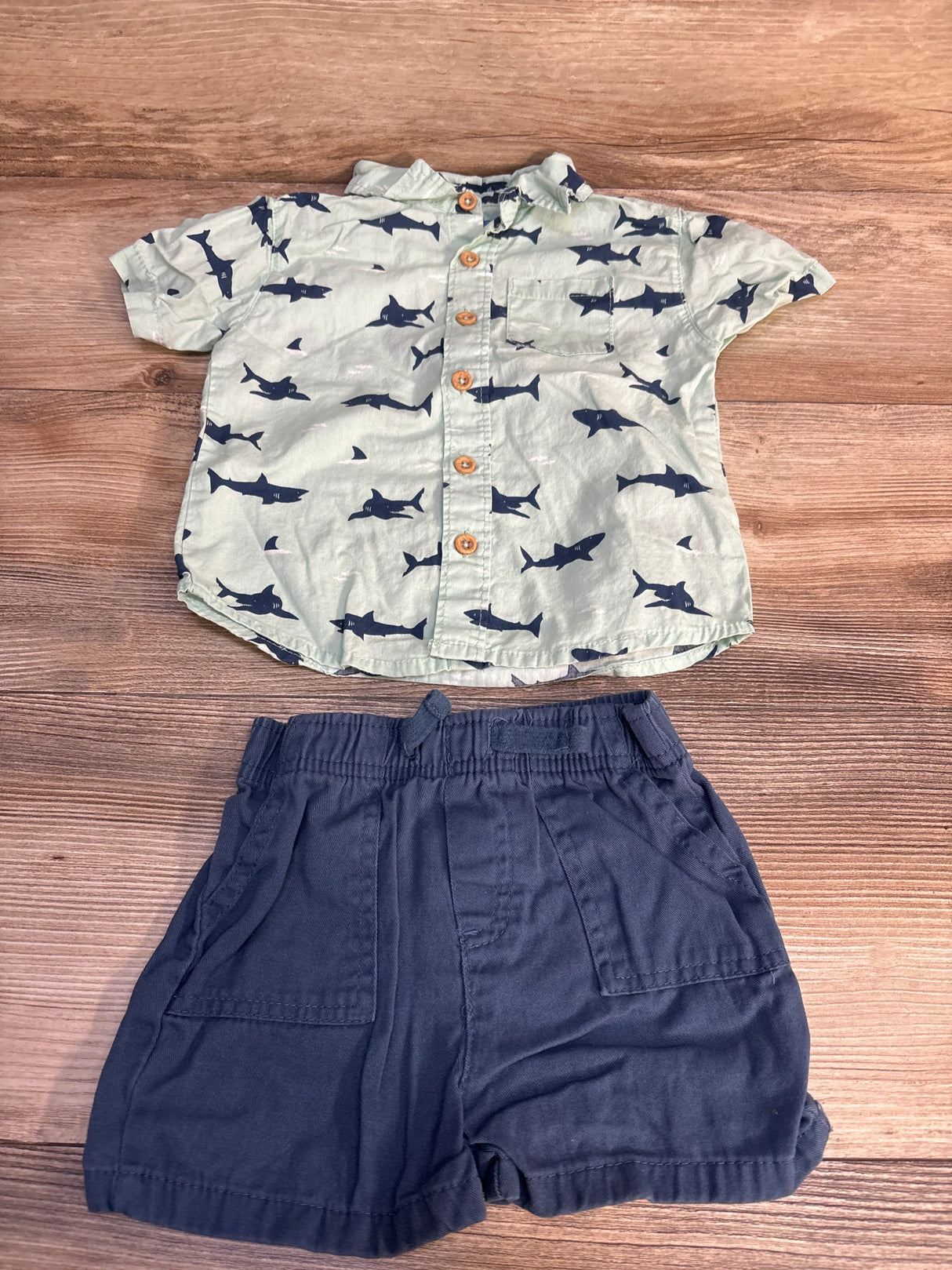 Al & Ray 2pc Shark Print Button-Up Shirt & Shorts Set Green sz 18m