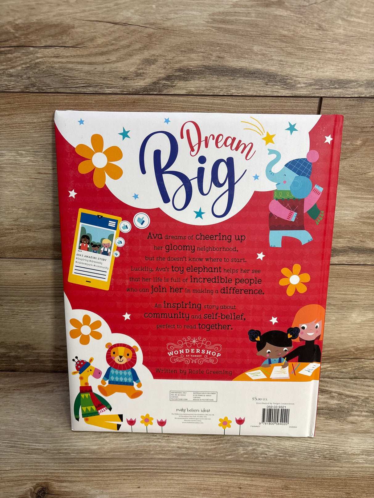 Back cover of colorful children's book Dream Big with illustrations of elephant, lion, giraffe, and kids reading