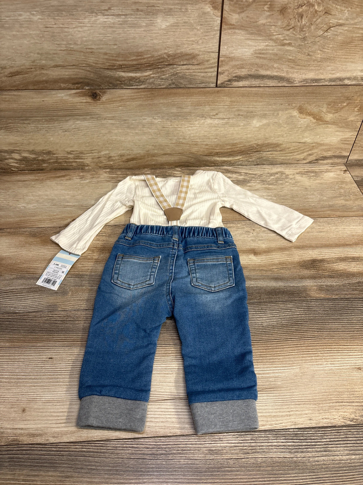 NEW Cat & Jack 3pc Suspenders & Denim Pants Set Ivory sz 3-6m