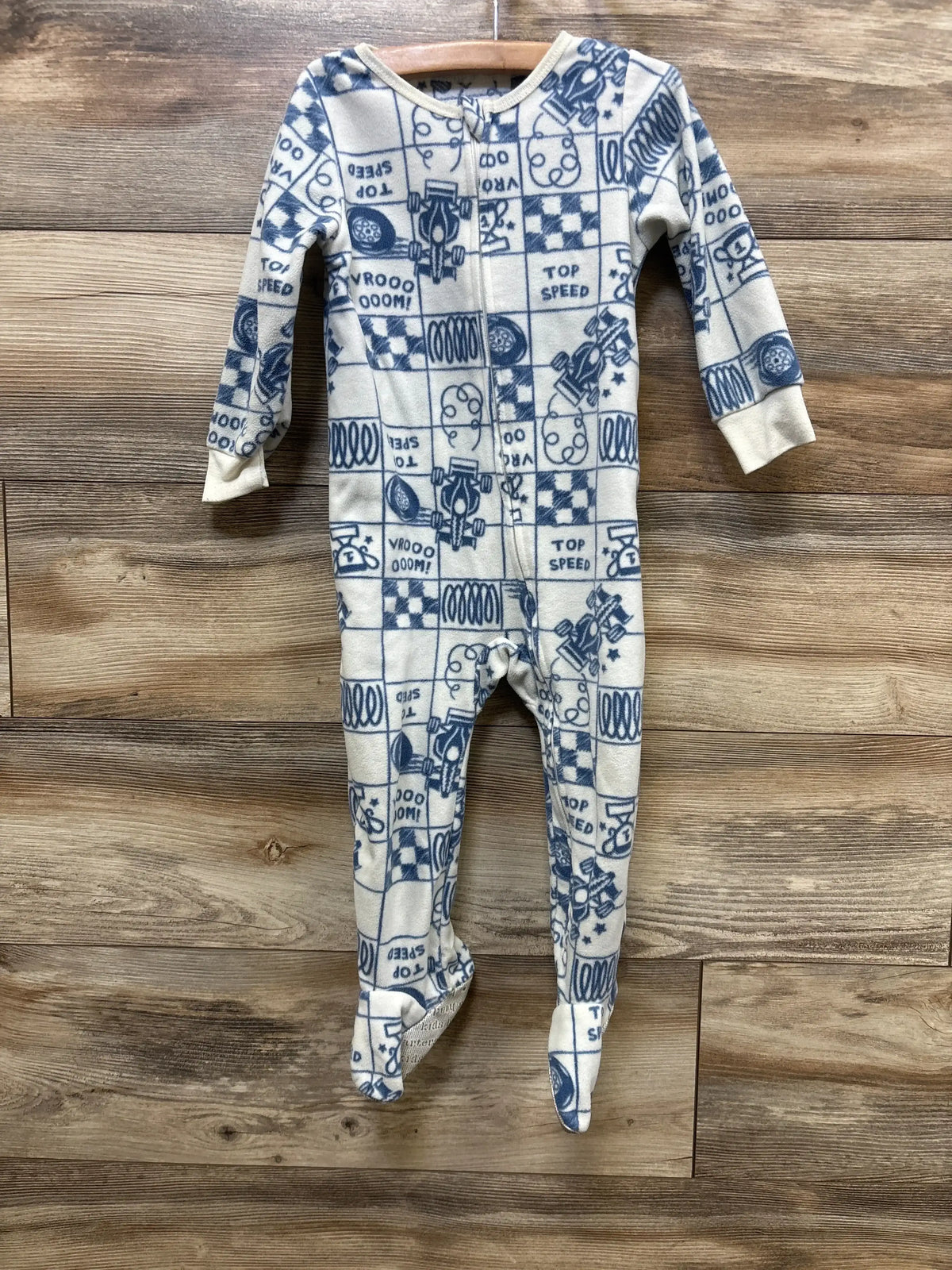 Blue and white race car print baby footed pajamas with zipper, perfect for kids' sleepwear