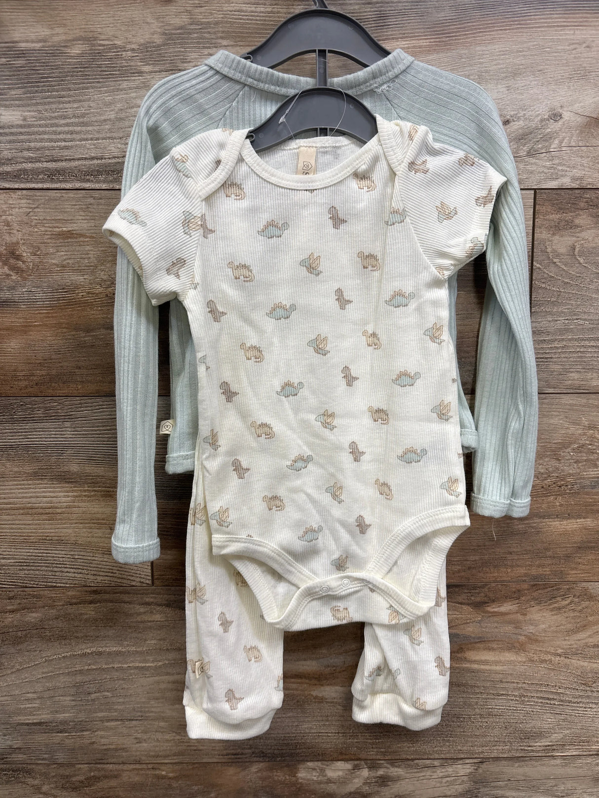 Neutral long sleeve ribbed baby shirt and white animal print short sleeve baby romper set