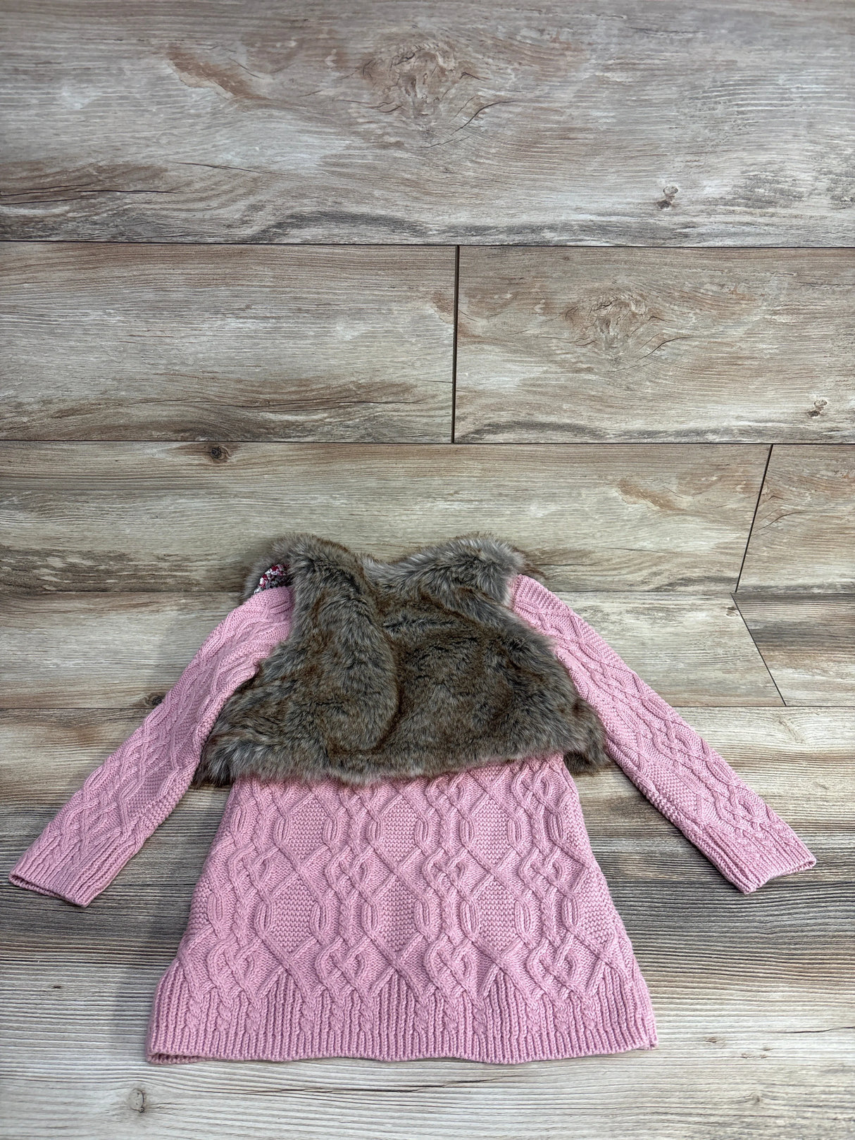 Adrienne Vittadini Cable Knit Sweater Dress & Faux Fur Cardigan 2pc Set Pink sz 3T
