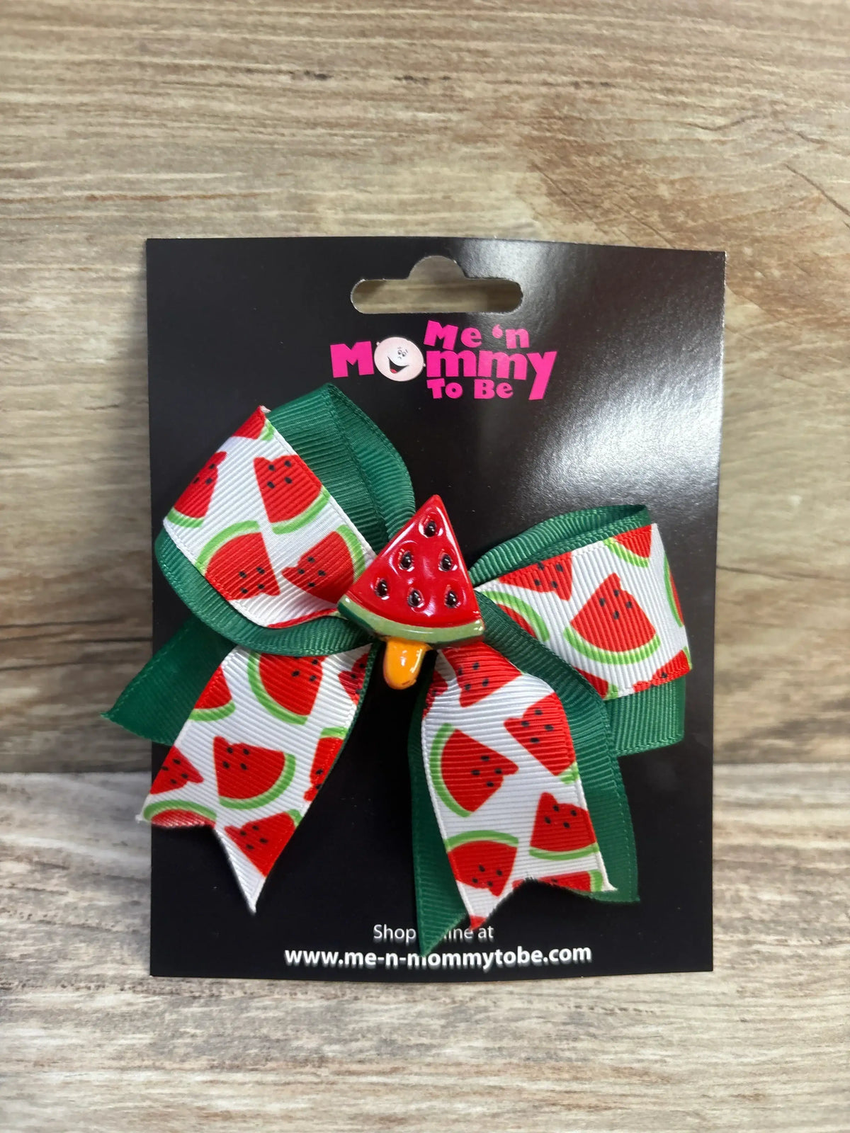 Front view of NEW Watermelon Popsicle Applique Hair Bow showcasing watermelon-print ribbons and popsicle applique on a black display card