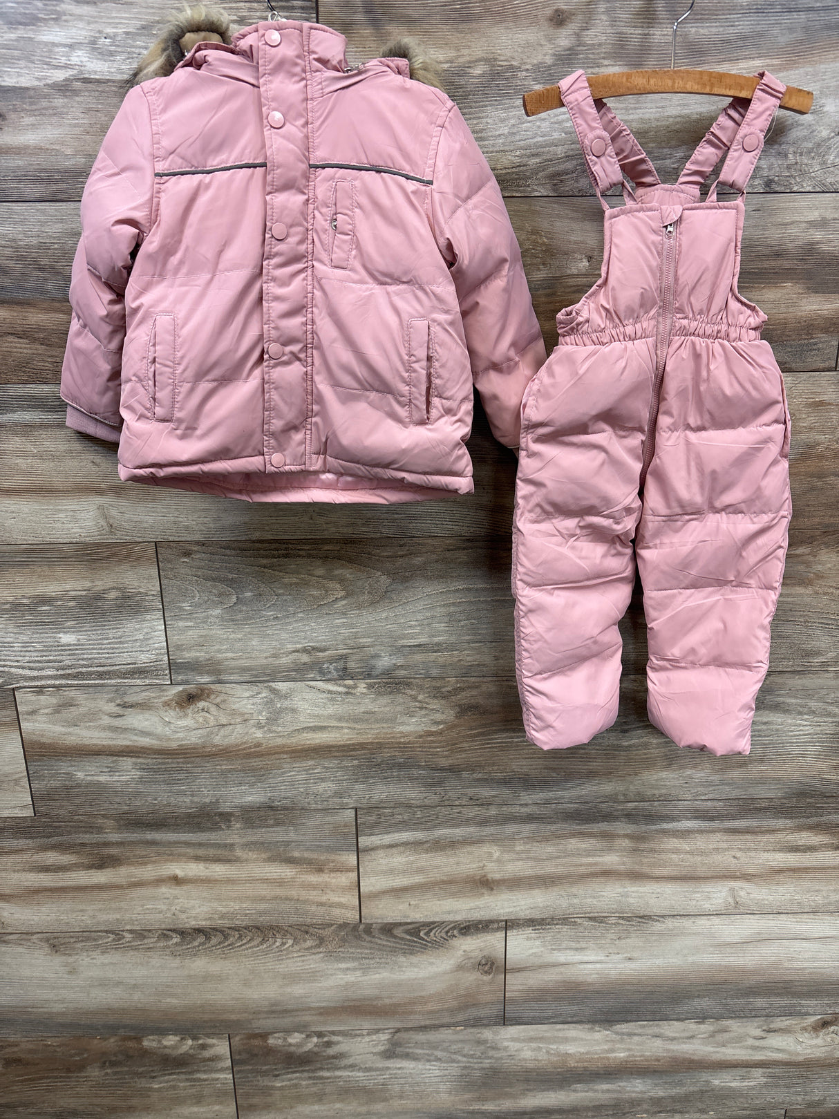 2pc Faux Fur Down Puffer Jacket & Snow Bib Set Pink sz 12-18m