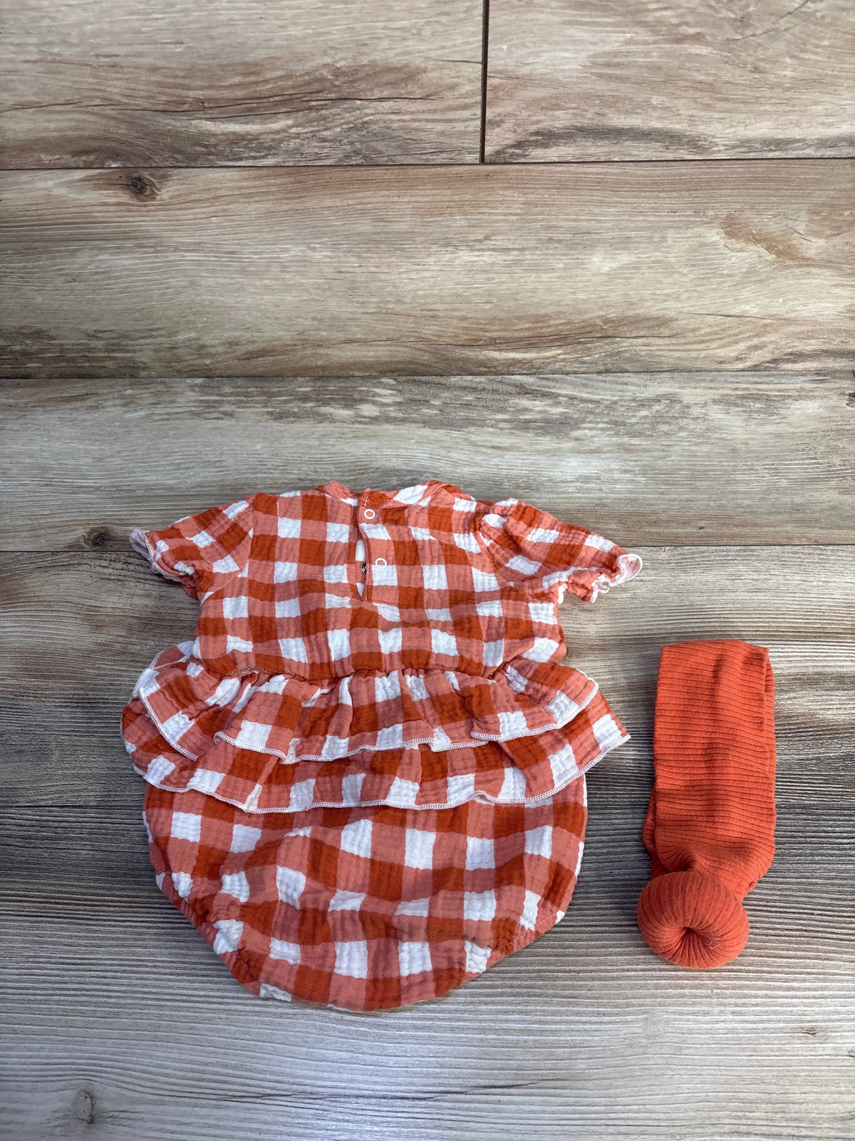 RZ by Rachel Zoe orange and white gingham gauze skirted bubble romper and matching headband set
