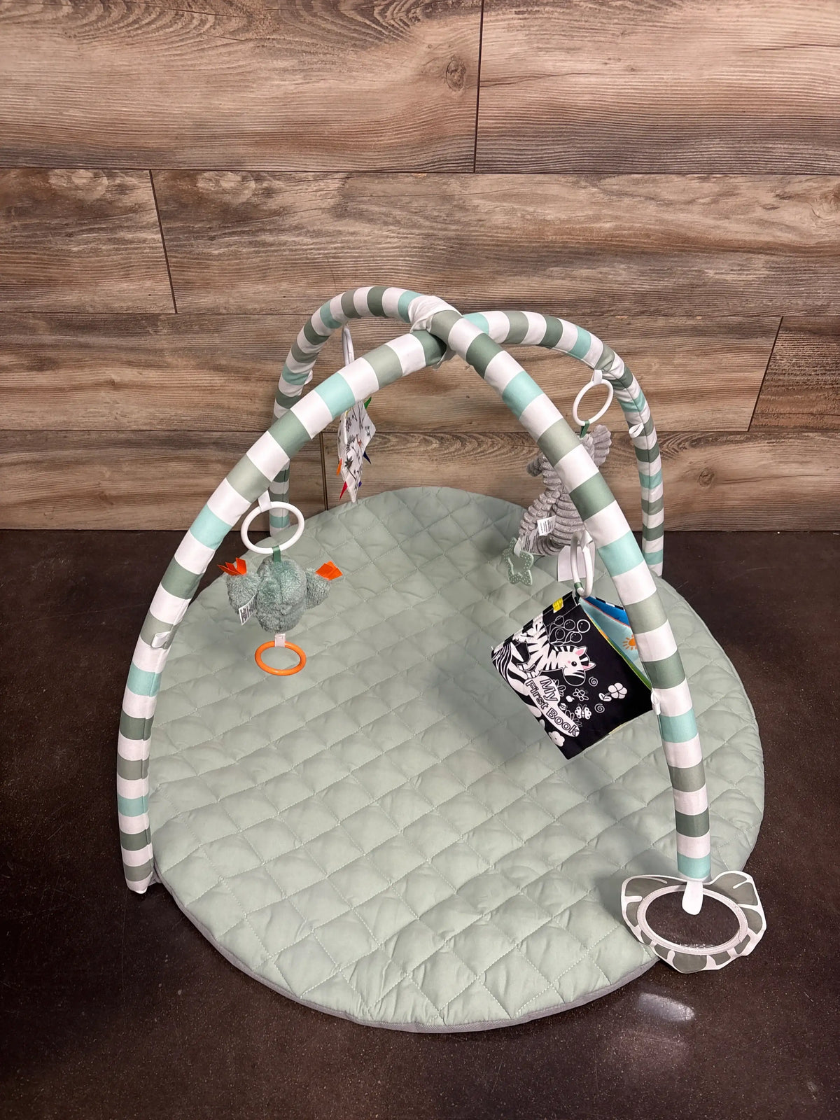 Three-quarter view of Blissful Diary baby play gym activity mat with sage green quilted mat, striped arches, and hanging toys
