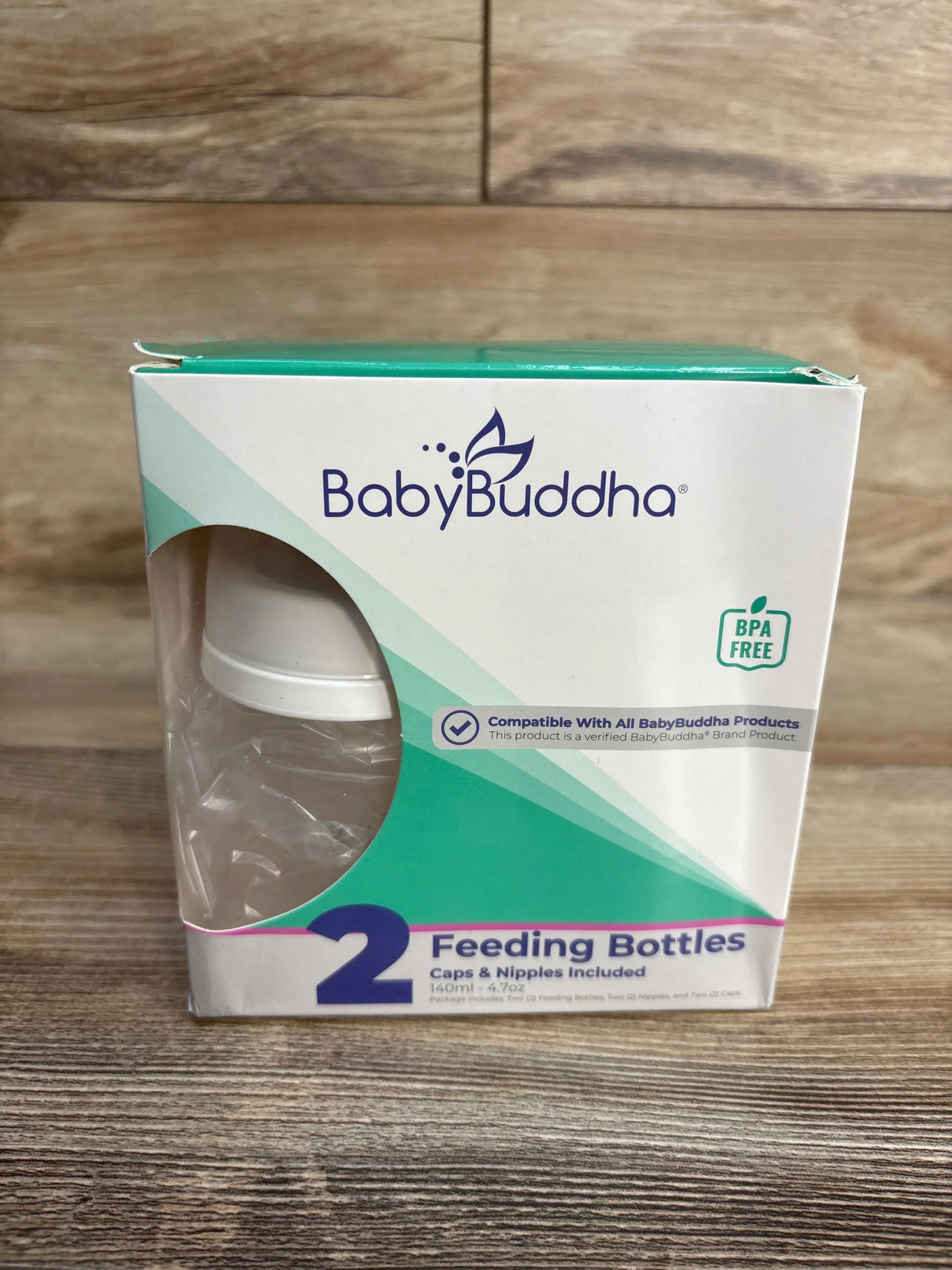 BabyBuddha feeding bottles packaging with 2 BPA-free bottles, caps, and nipples included
