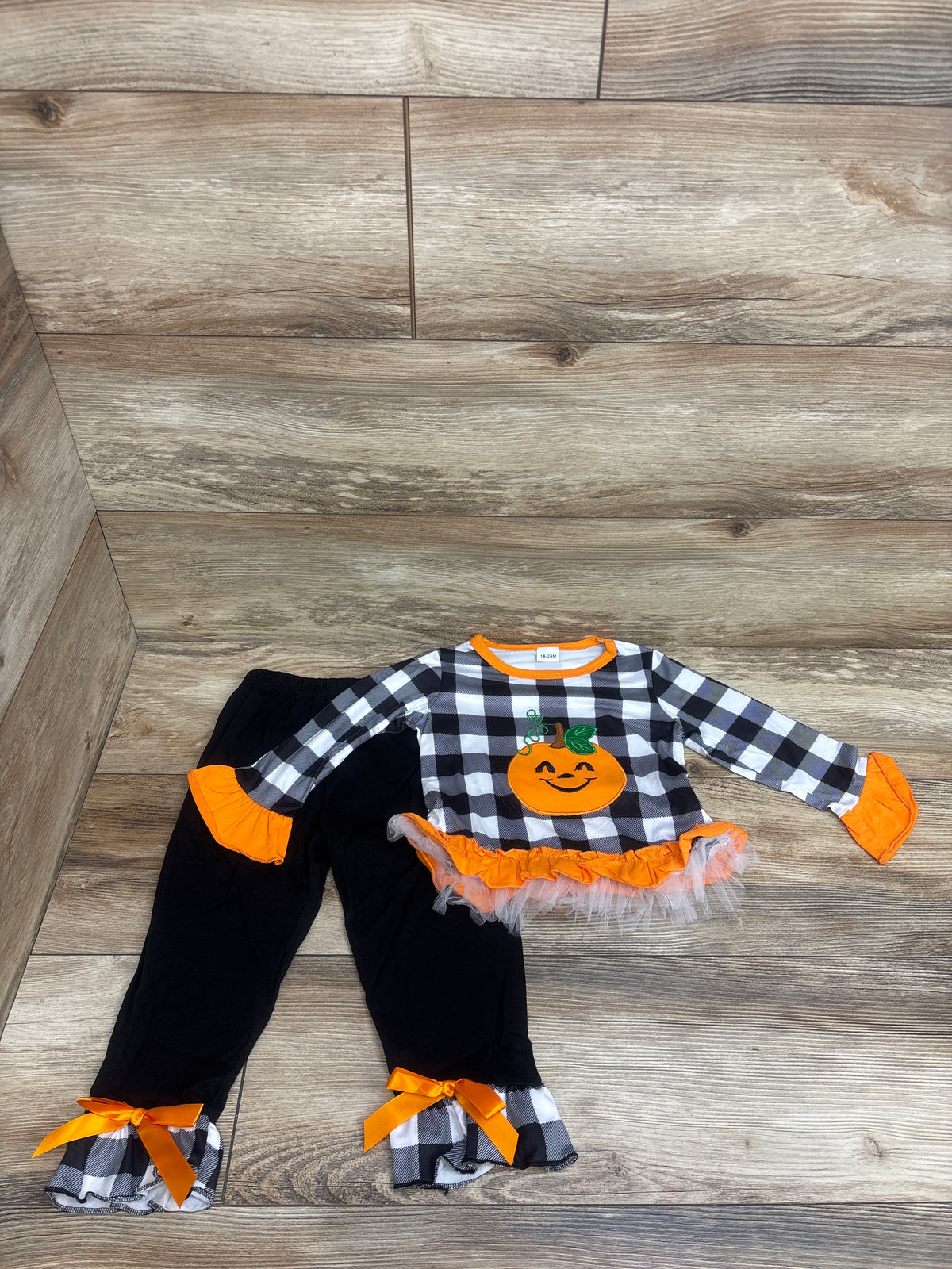 NWOT Jkerther 2pc Plaid Pumpkin Long Sleeve Top & Flare Pants Set Black sz 18-24m