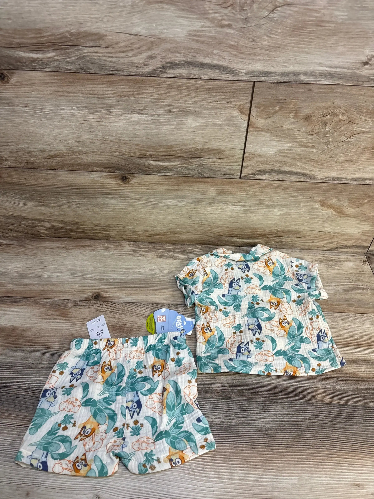 Baby short sleeve shirt and shorts set with Bluey character and leaf print on wood floor