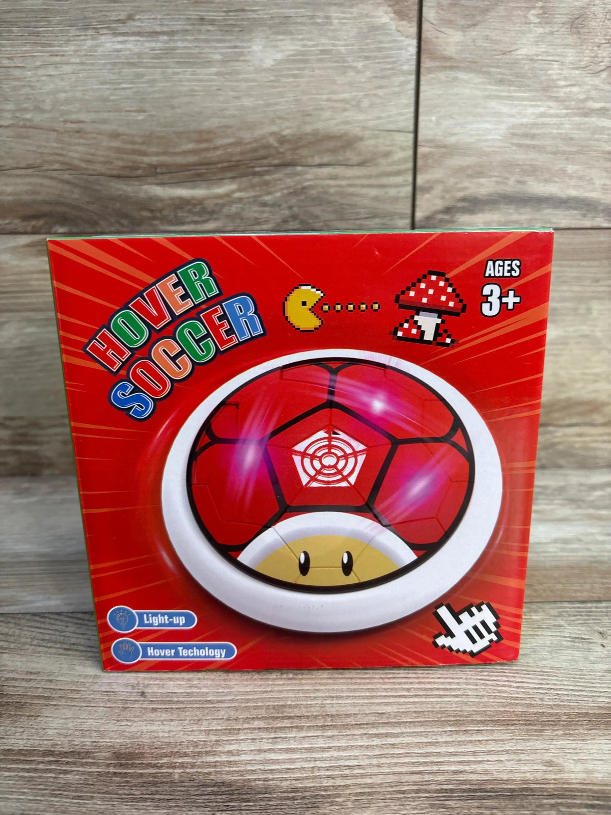 Hover Soccer toy in red box for kids ages 3+, features light-up and hover technology.
