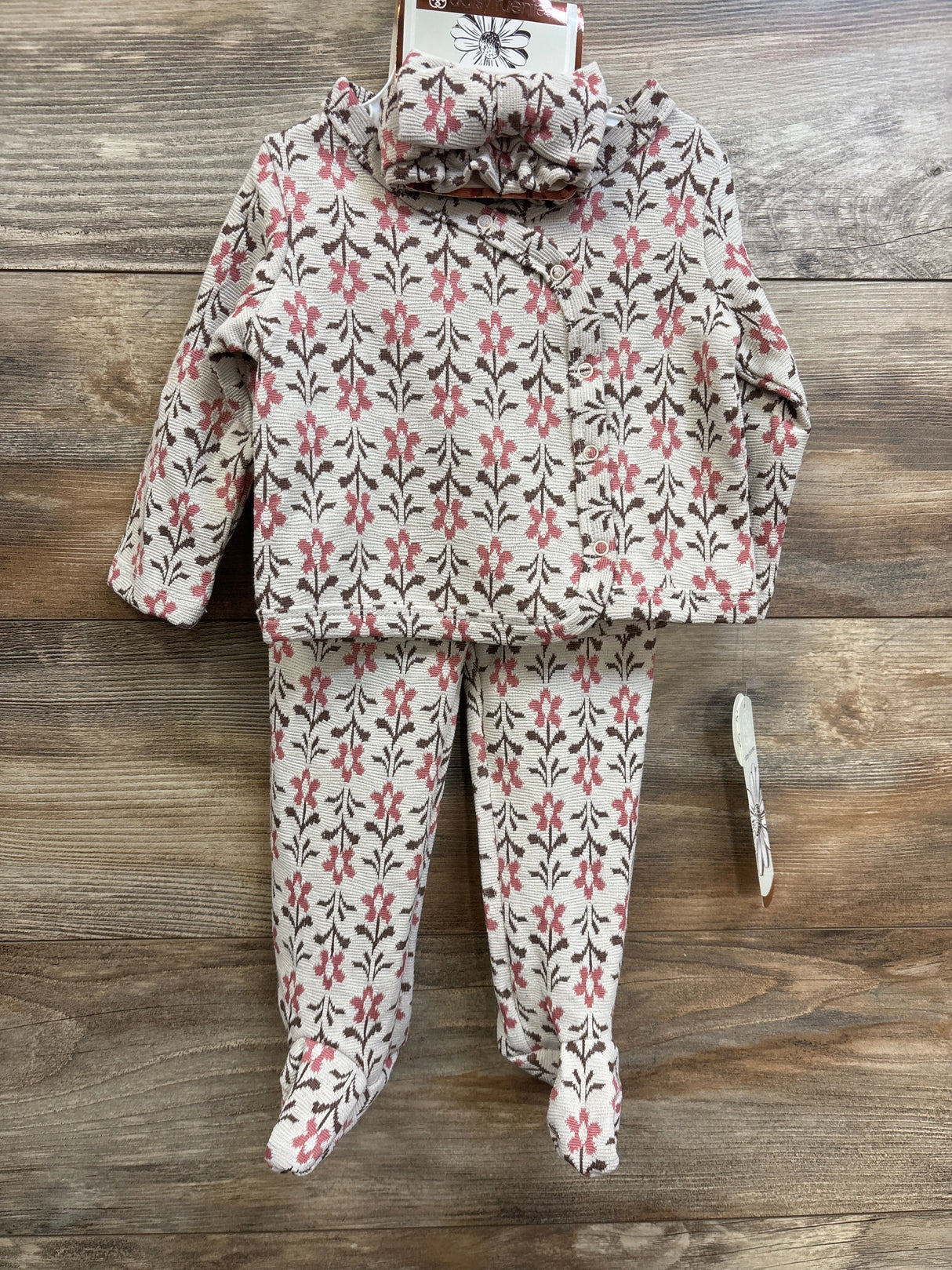 NEW Daisy Fuentes 3pc Floral Top, Footed Pants, & Headband Set Beige sz 6/9m