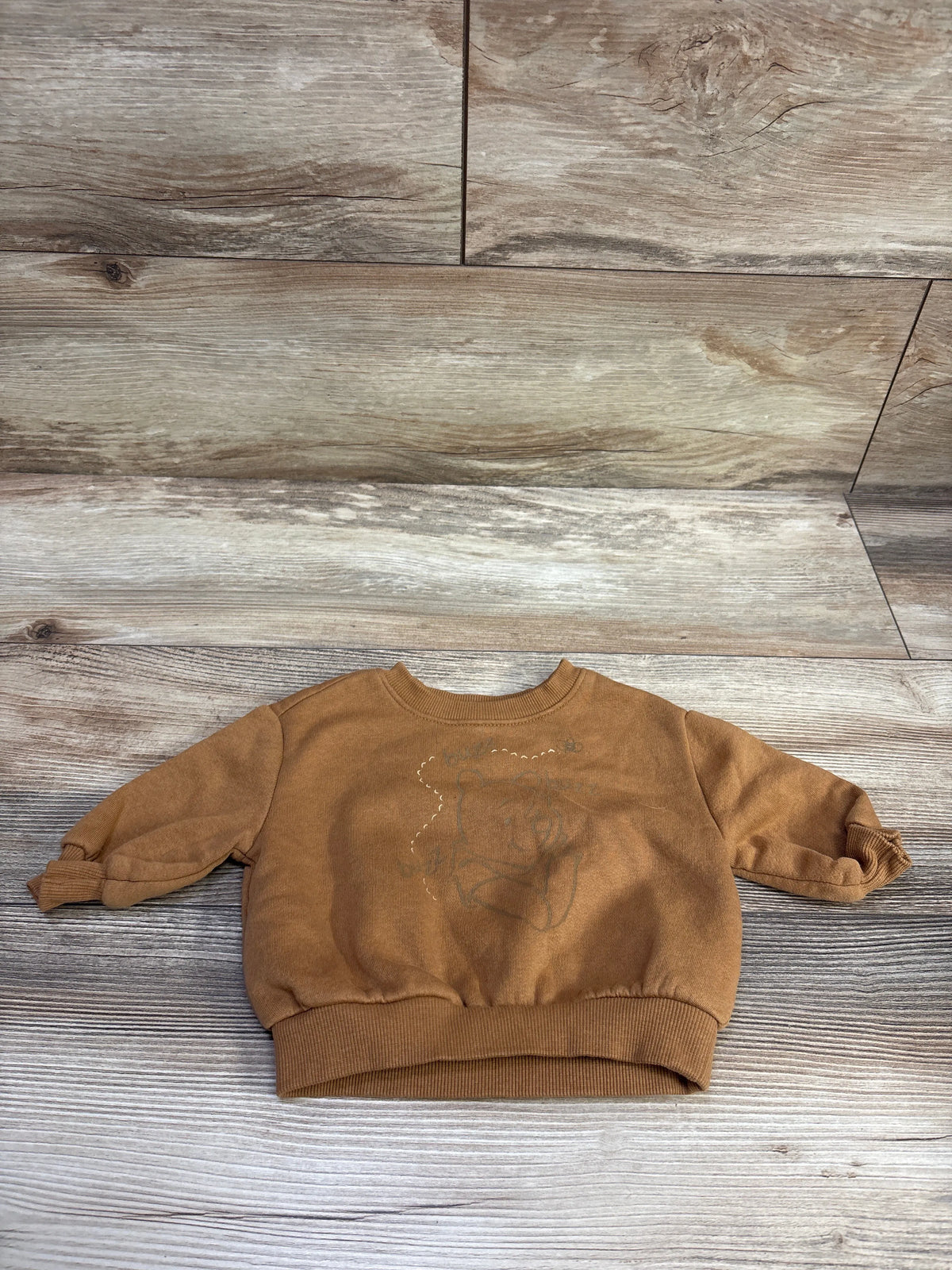 Front view of Old Navy x Disney Winnie the Pooh pullover sweatshirt in brown, showcasing graphic and ribbed trim on a wood floor