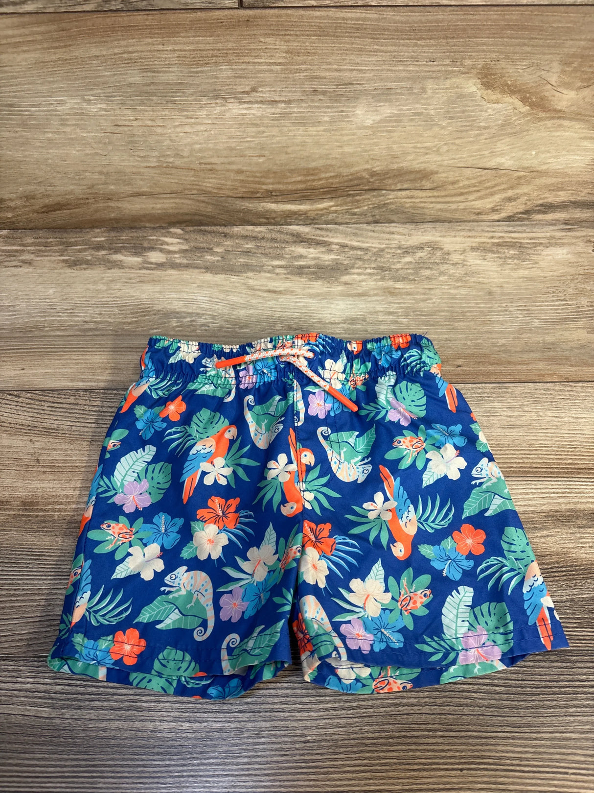 Kids blue tropical print shorts with parrots, chameleons, and flowers on wood background