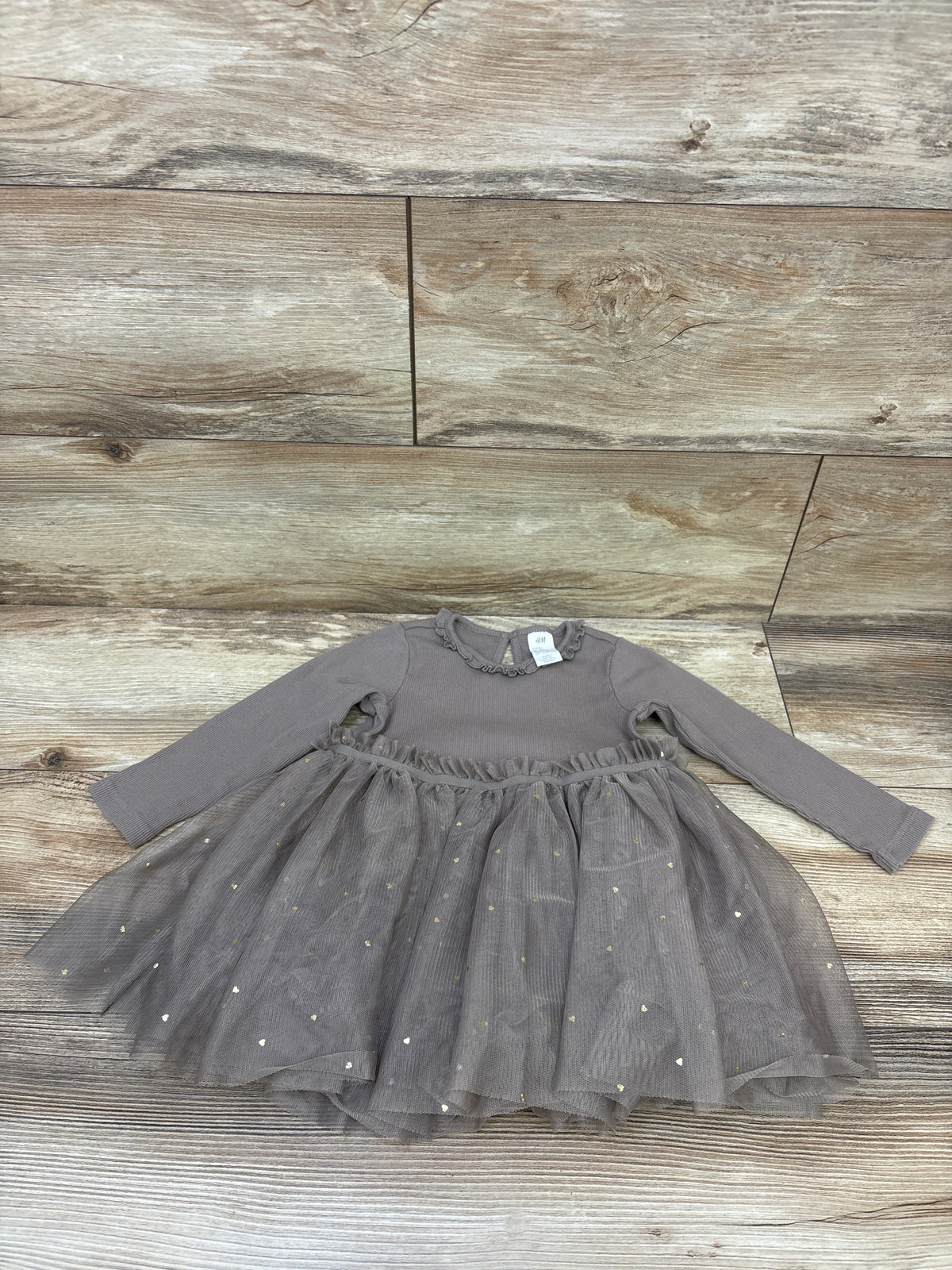 H&M Ribbed Long Sleeve Tulle Dress Brown sz 12m