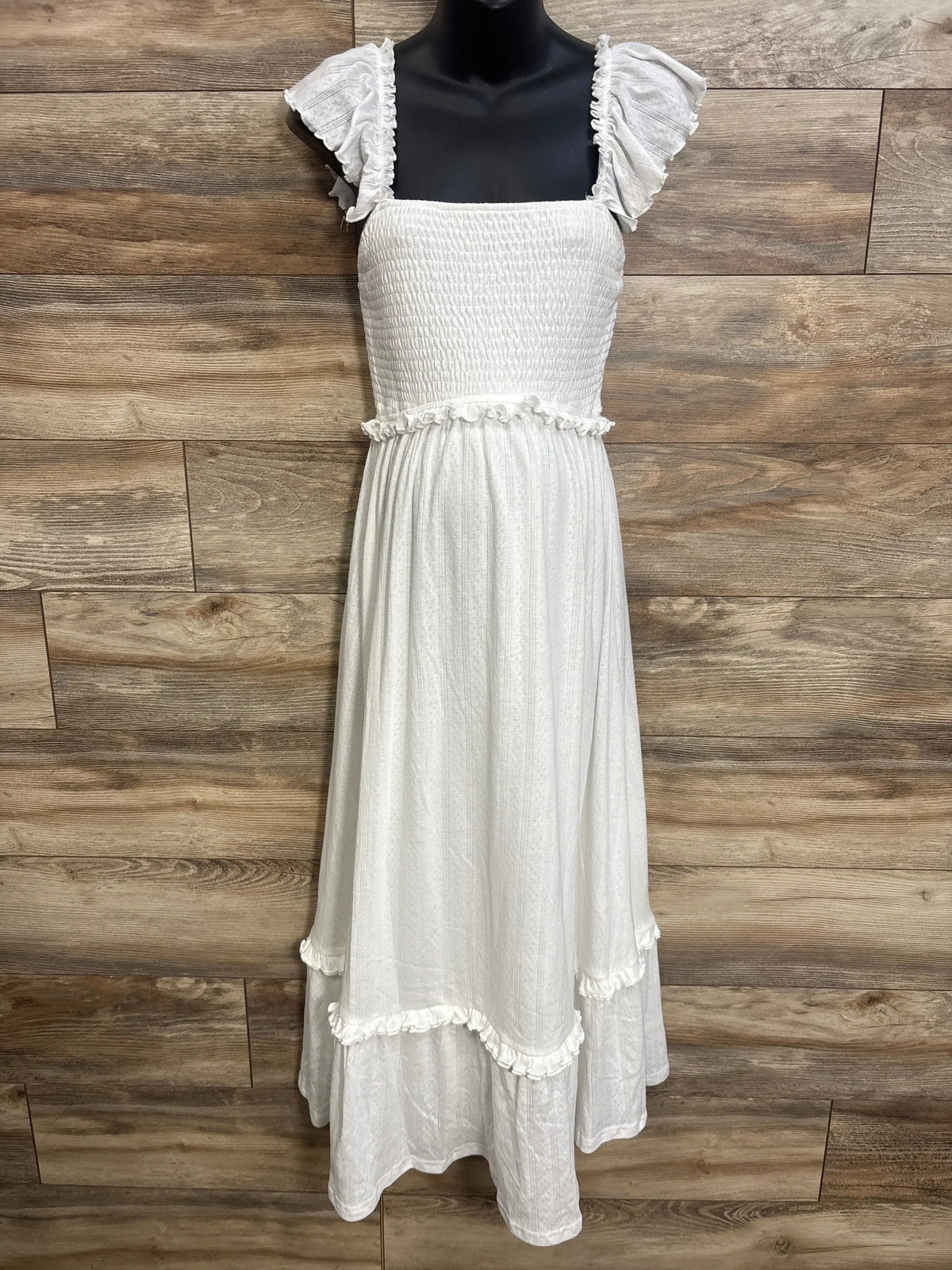 Front view of white OUGES maternity boho maxi smocked dress showcasing square neckline, cap sleeves, and smocked bodice