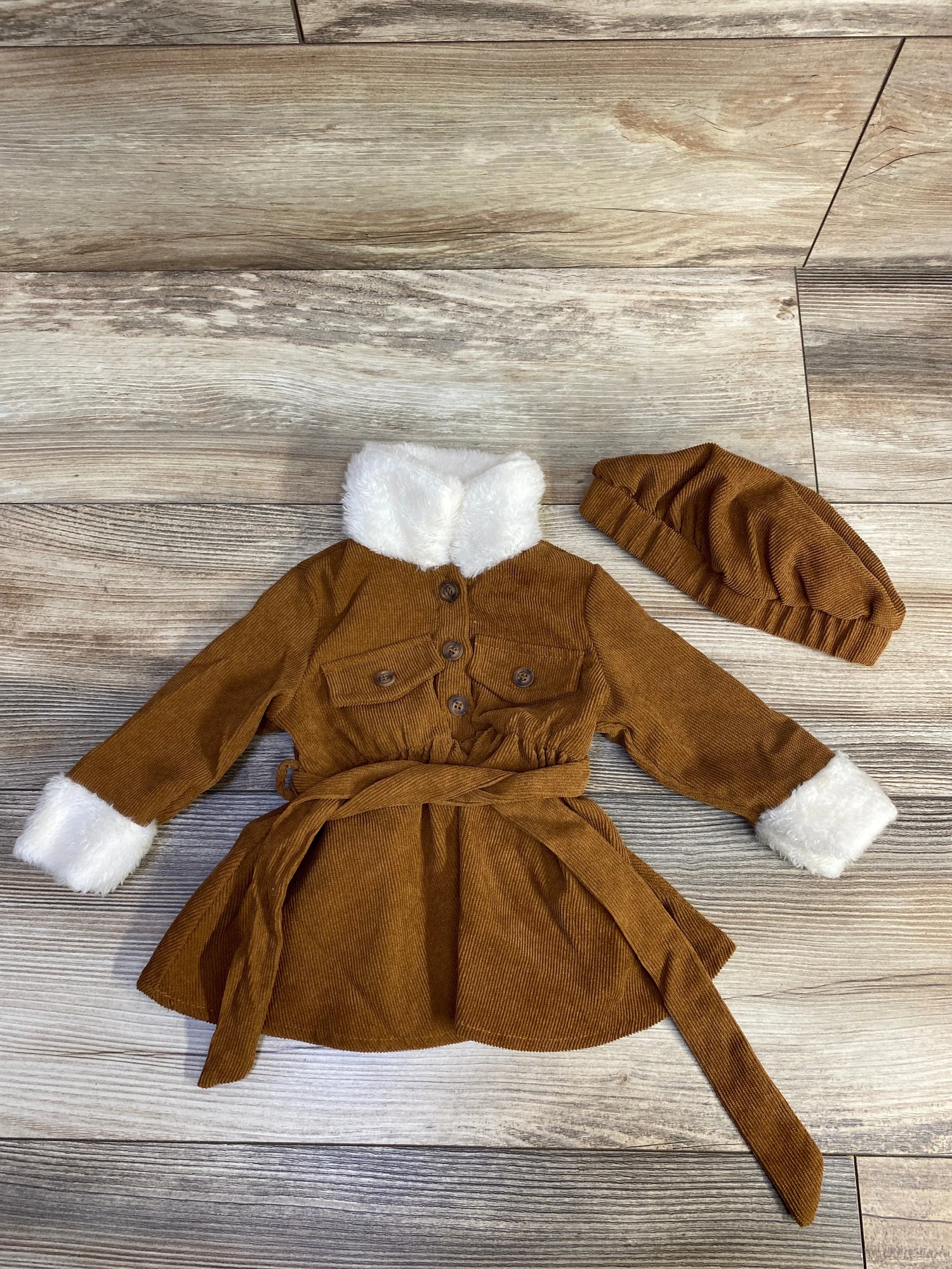 Cozy Cub 2pc Corduroy Faux Fur Dress & Hat Caramel sz 0-3m