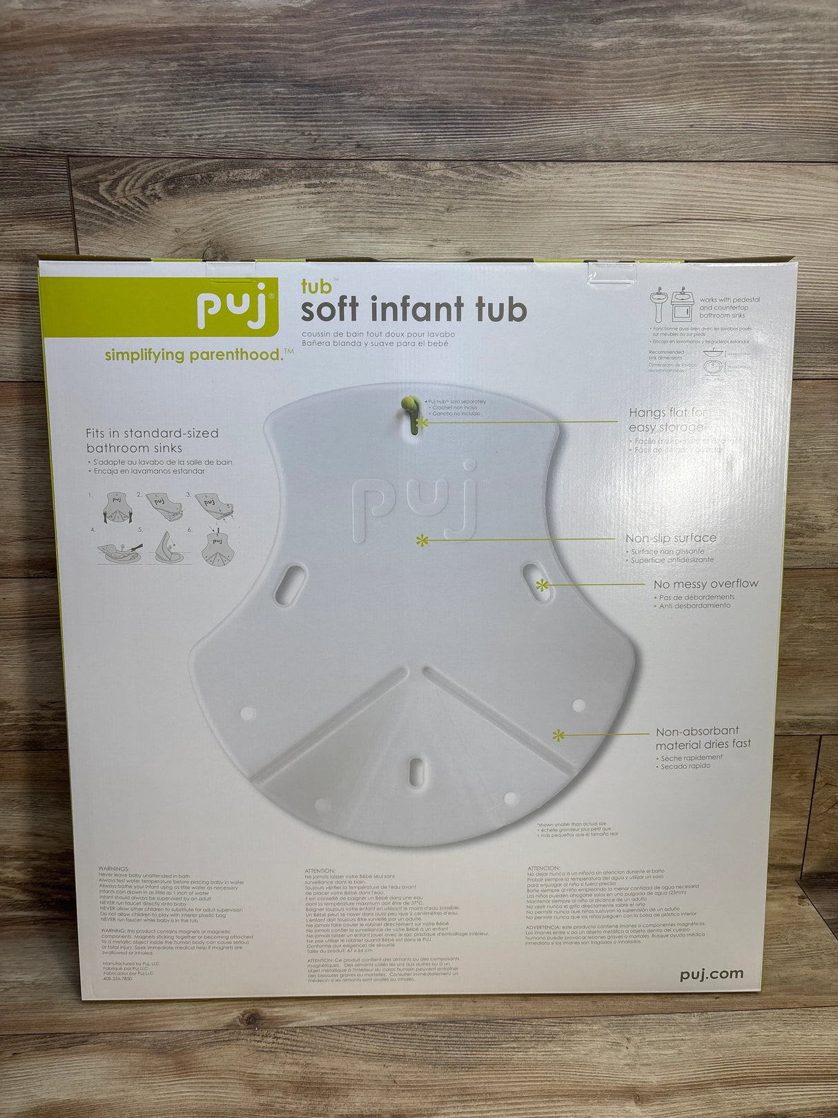 Puj soft infant tub in packaging, baby bath accessory for sinks, easy dry non-slip design