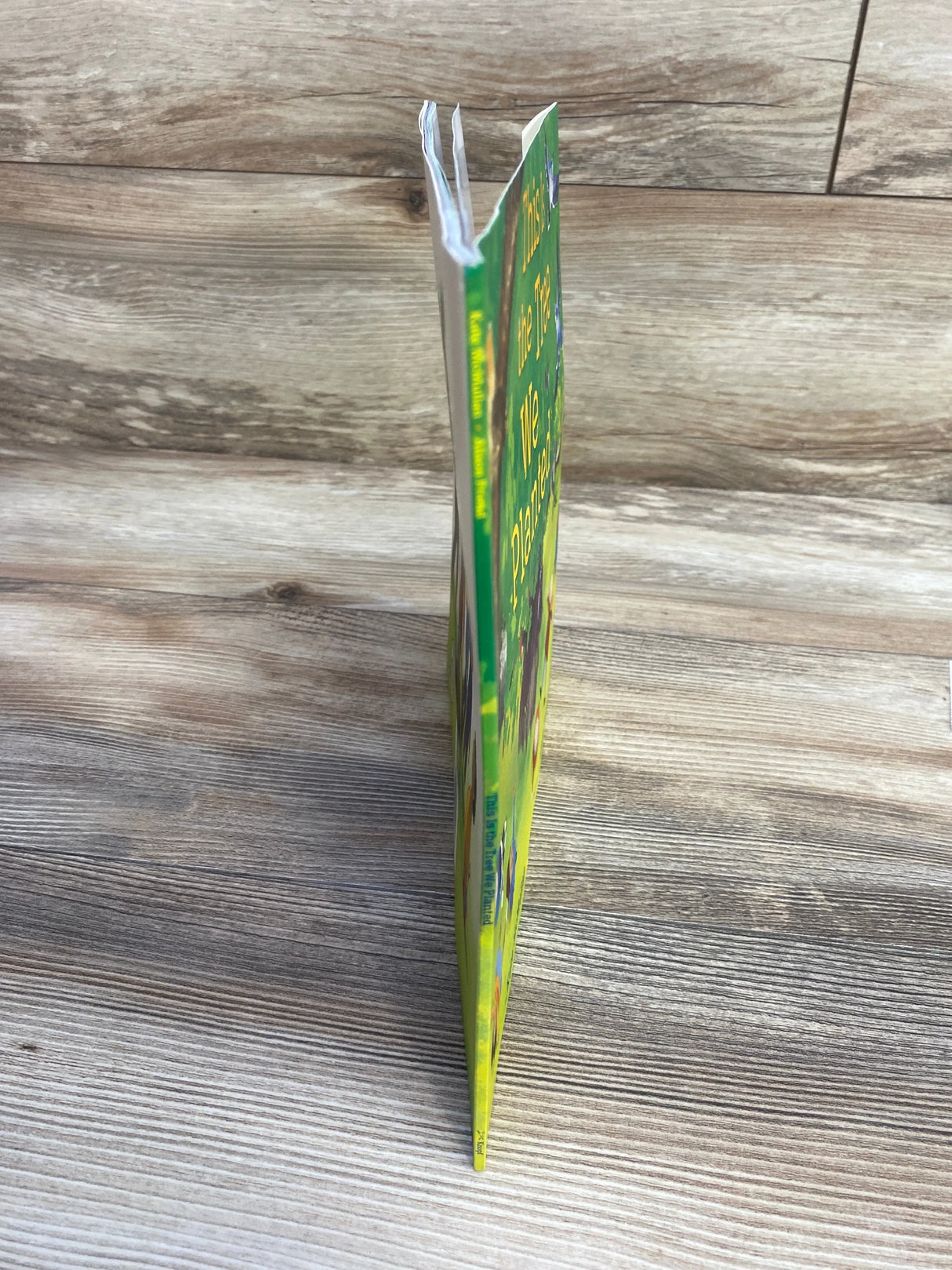 Side view of This Is the Tree We Planted paperback showing warped spine and bent top pages on light wood background