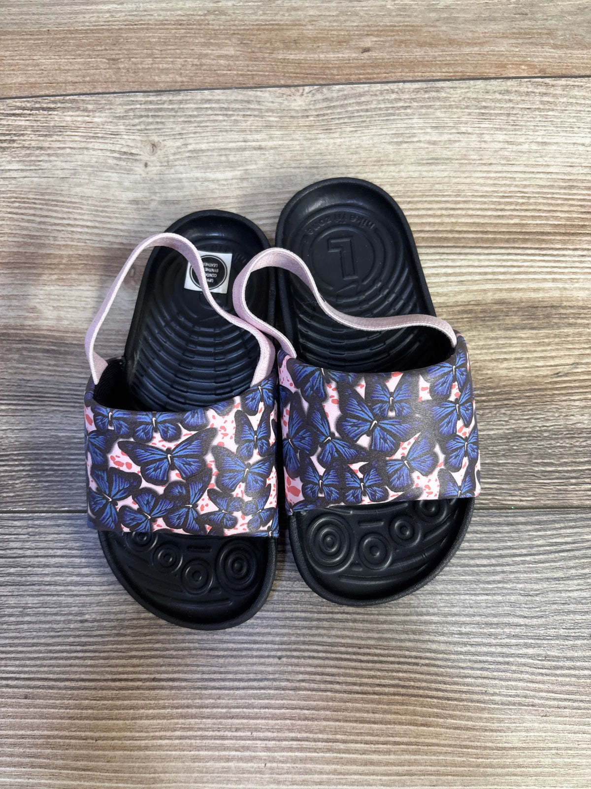 Nike Kawa TD Pink Foam Butterfly slides in size 10c with blue butterfly print straps