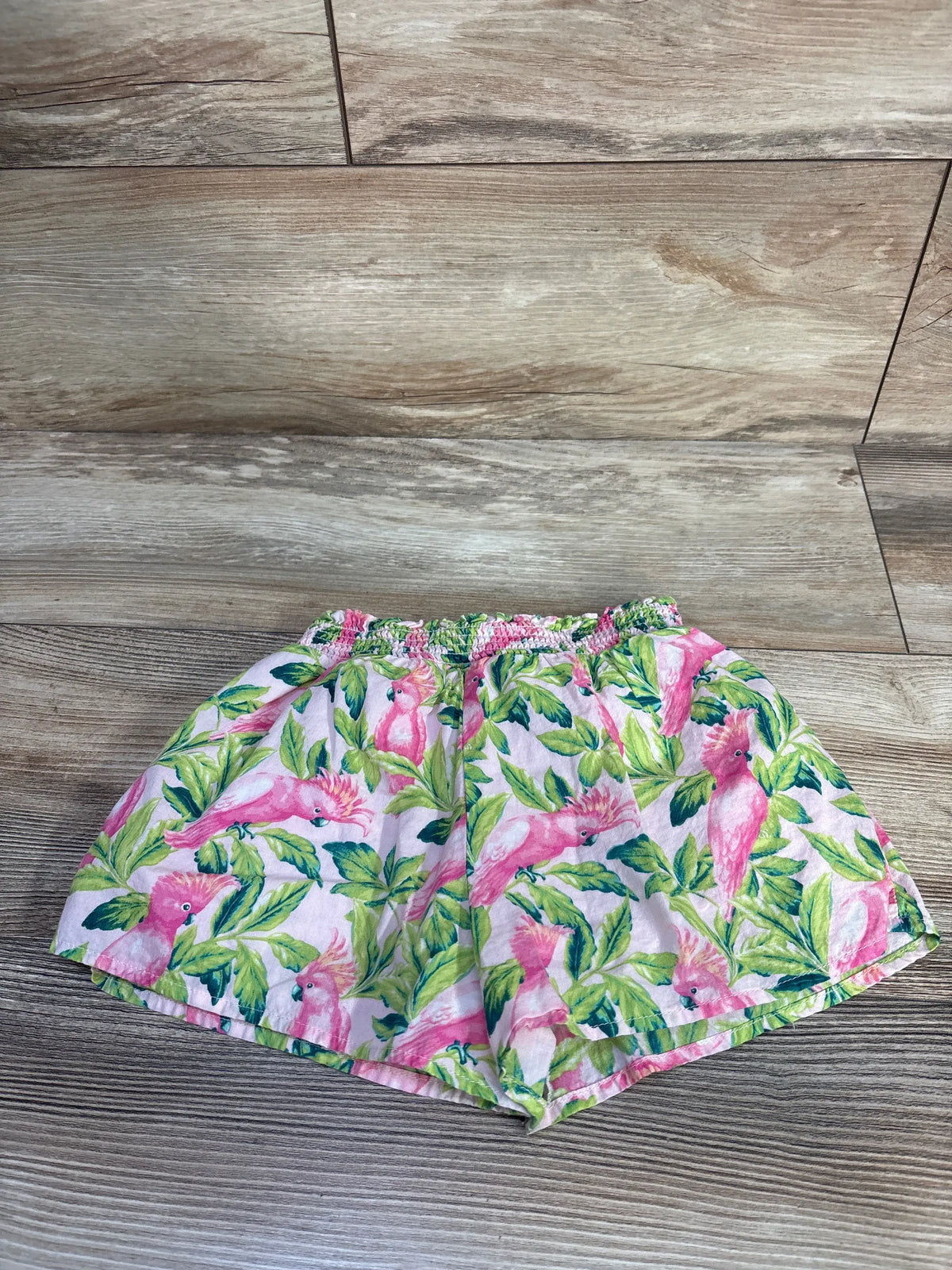 Front view of Janie & Jack pink bird print shorts showcasing bird and leaf pattern on a wood-look floor