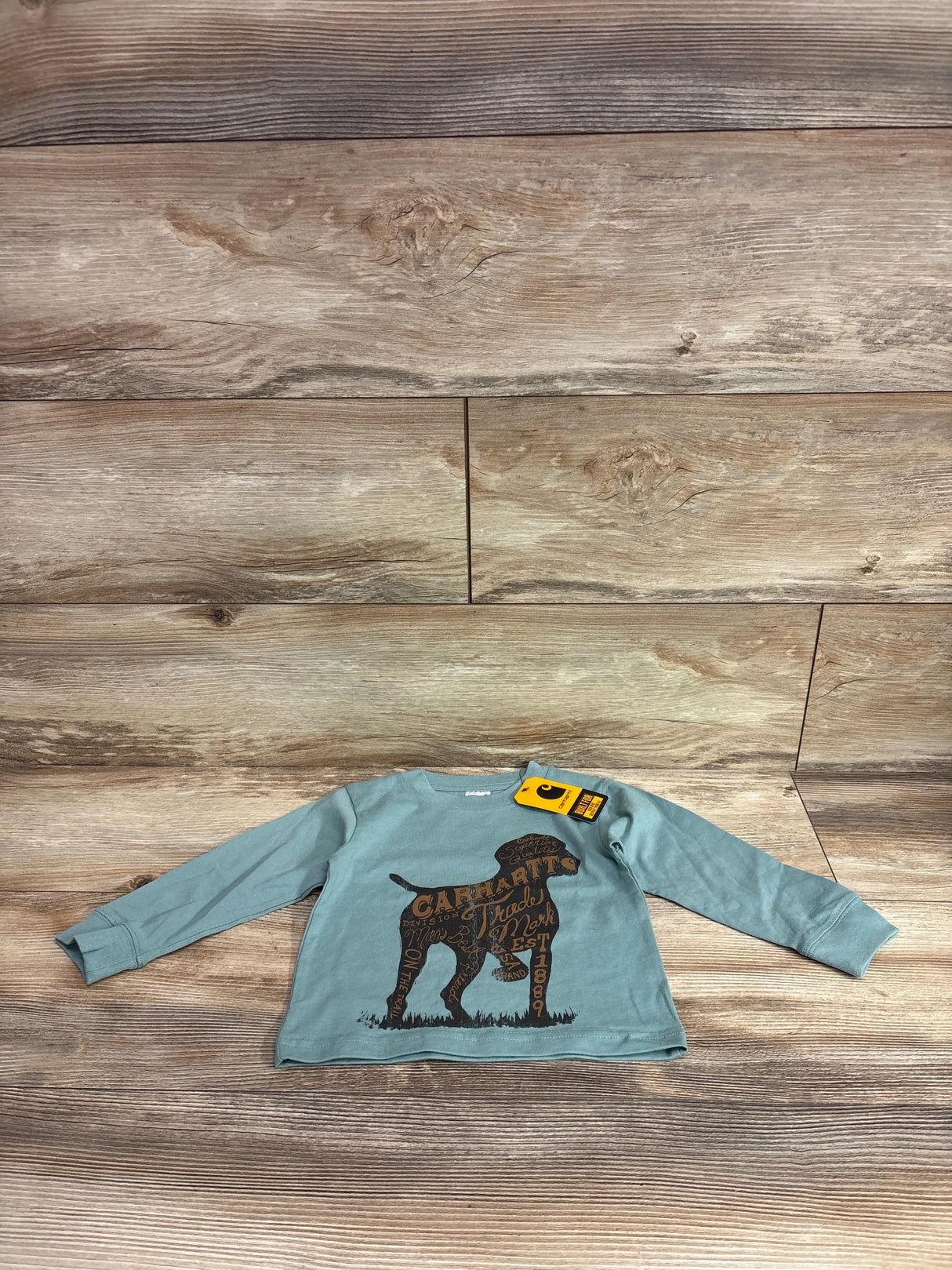 Front view of Carhartt long-sleeve toddler shirt (12 months) with brown dog graphic on green fabric, wood background