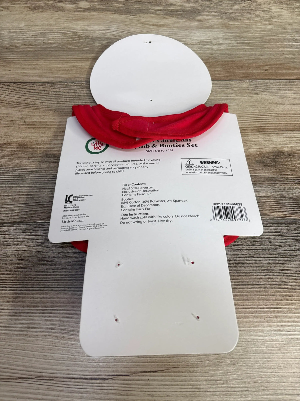 Little Me Christmas hat, bib & booties set for babies up to 12M, red festive design with care instructions