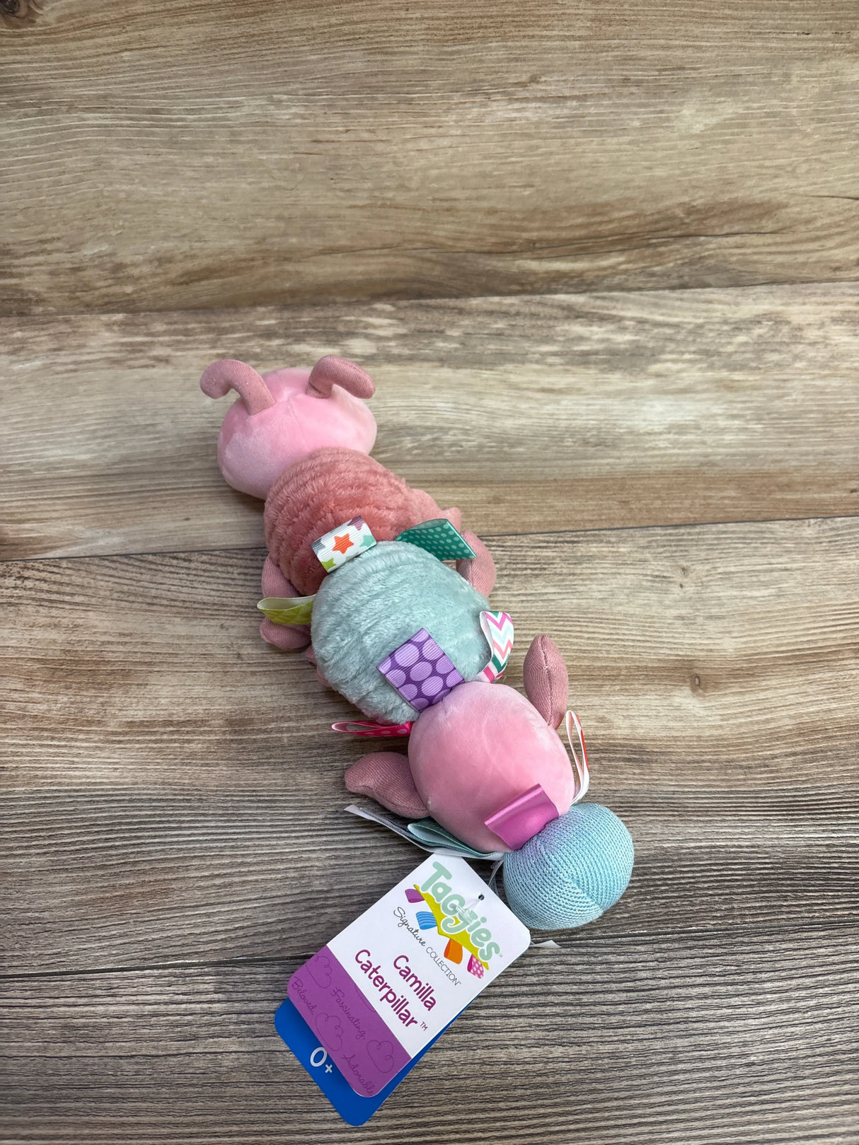Taggies Camilla Caterpillar plush baby toy with pastel colors and sensory tags on wood background