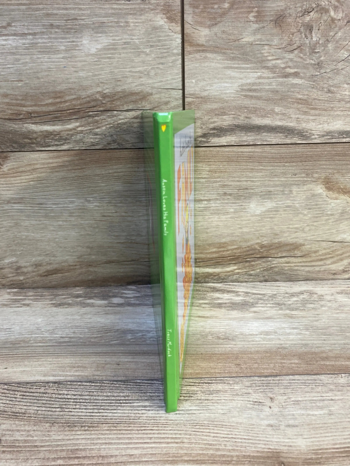Side view of Austin Loves His Family hardcover book showing green spine and yellow heart detail with wood plank background
