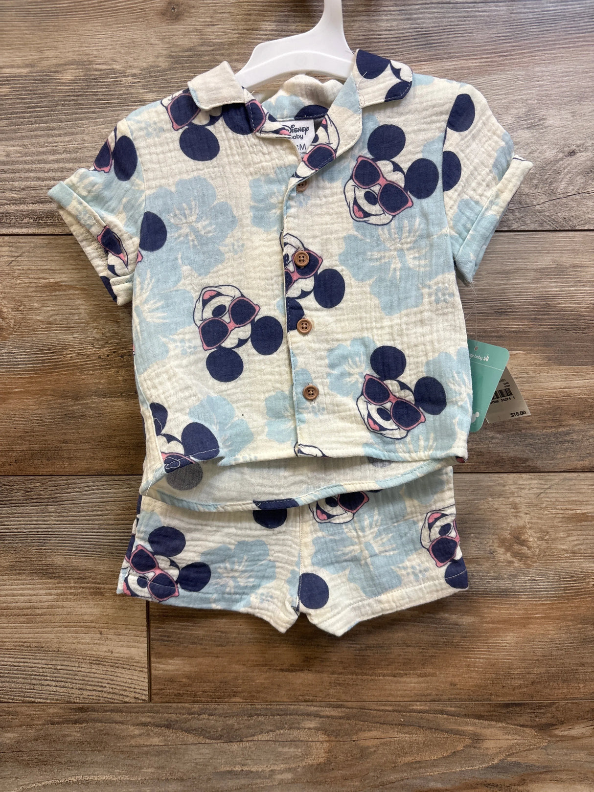 NEW Disney Baby 2pc Mickey Mouse Gauze Button Up & Shorts Set Ivory sz 0-3m