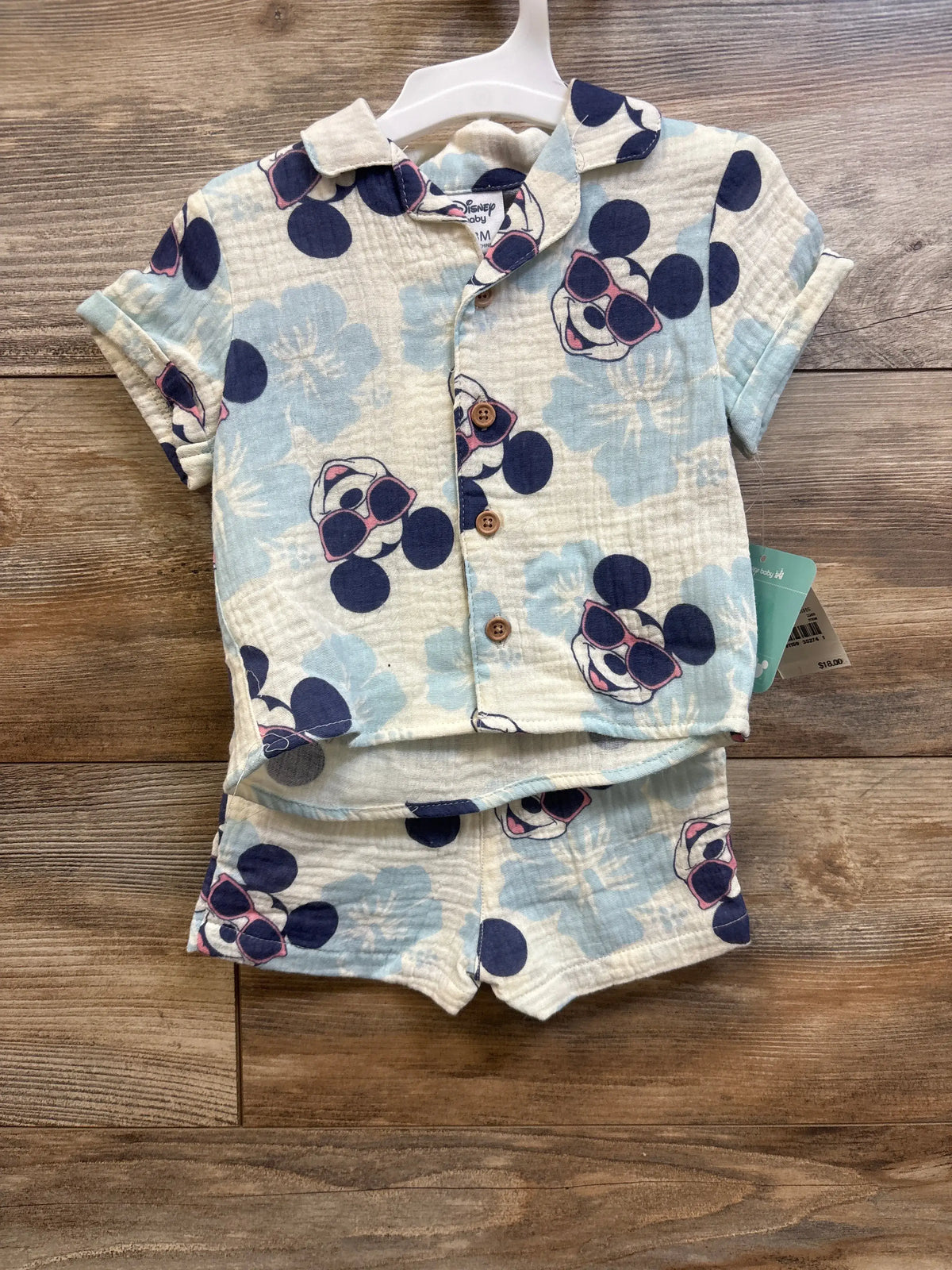 Disney Baby 2-piece ivory gauze Mickey Mouse button-up shirt and shorts set for 0-3 months.