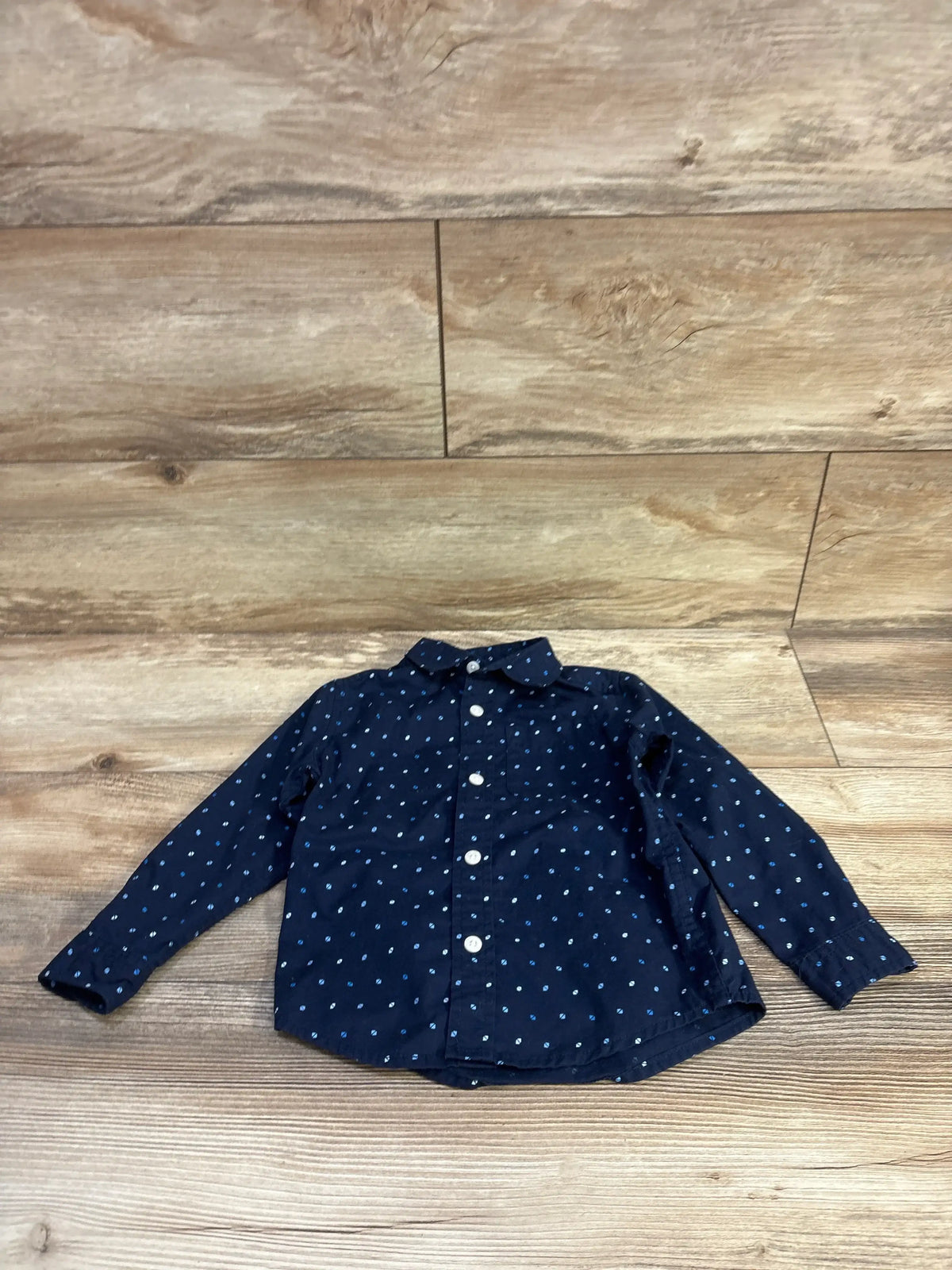 Navy blue Children's Place button-up shirt with white polka dots for toddlers size 2T