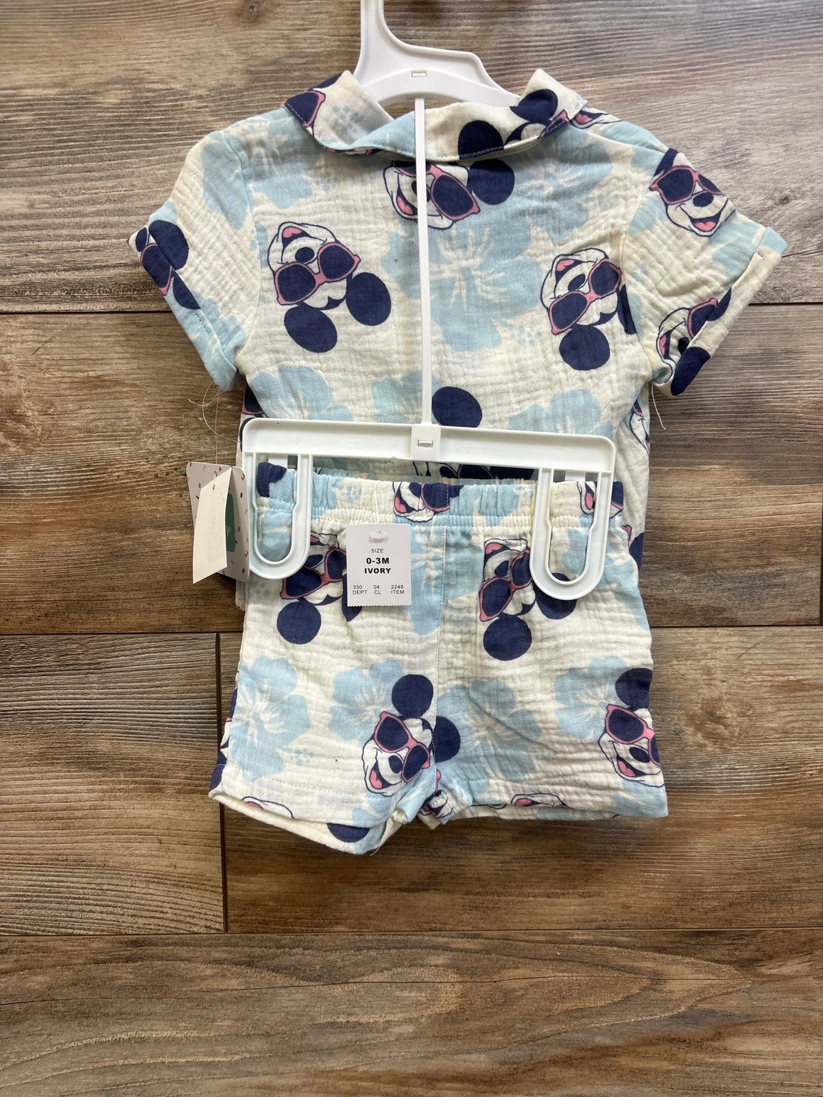New Disney Baby 2pc Mickey Mouse gauze button up and shorts set in ivory, size 0-3m.