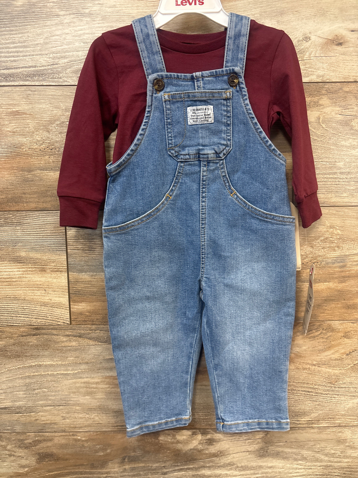 NEW Levi's 2pc Long Sleeve Shirt & Denim Overalls Set Maroon sz 12m