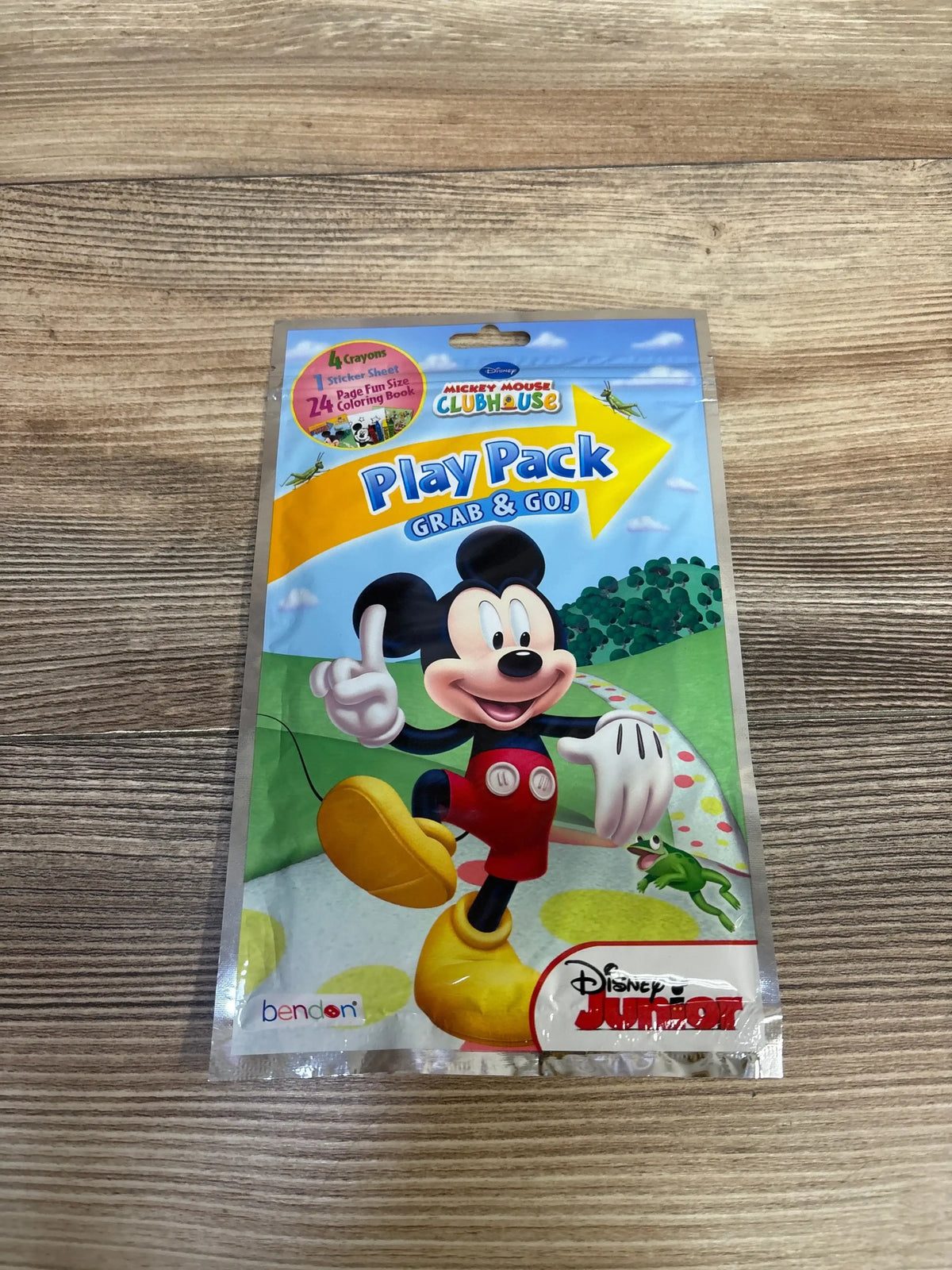 Front view of Mickey Mouse Clubhouse play pack showing Play Pack Grab & Go packaging on wood table