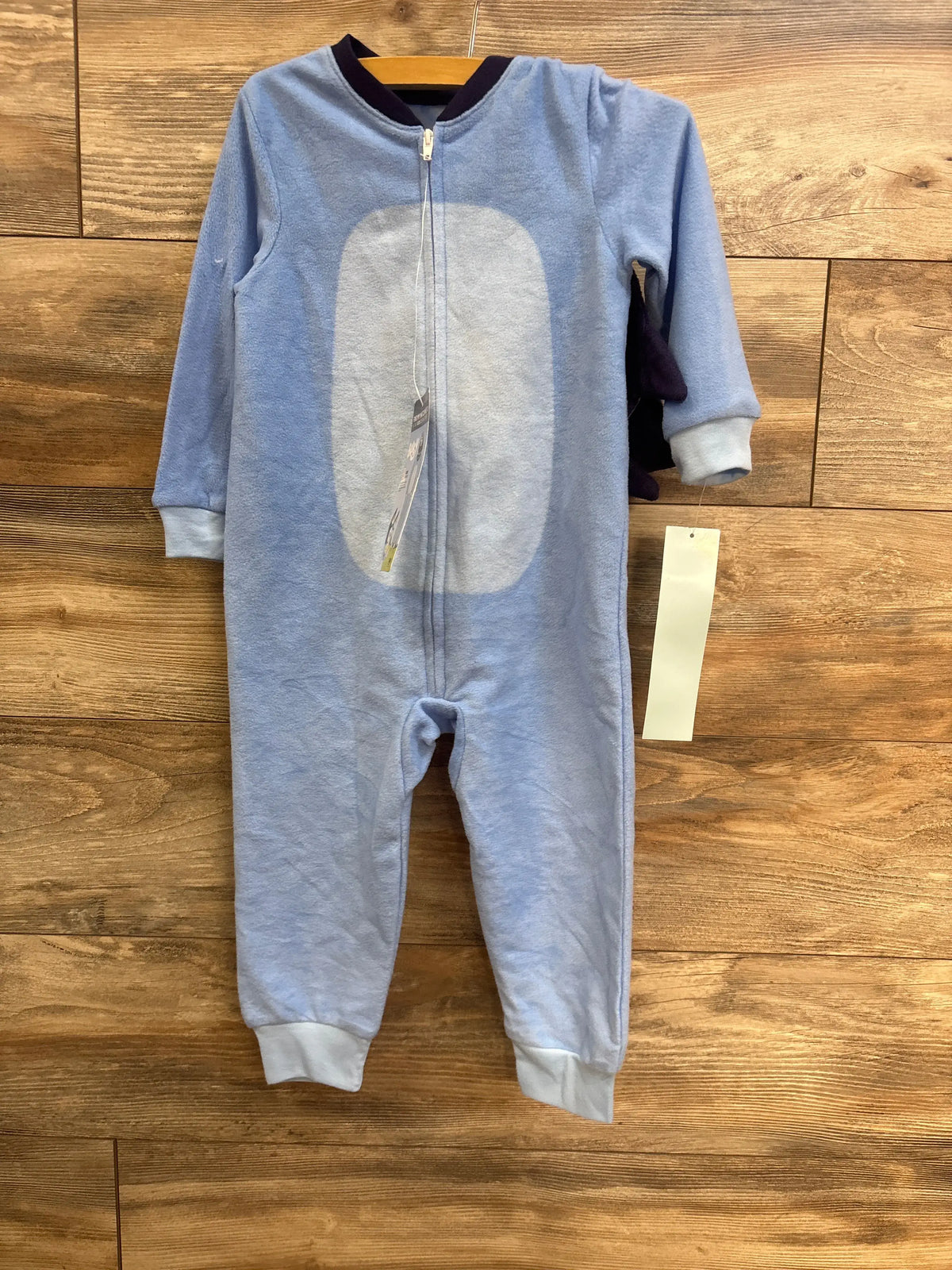 Front view of blue Bluey hooded union suit pajamas in size 3T with half-front zipper and cuffed footless bottoms
