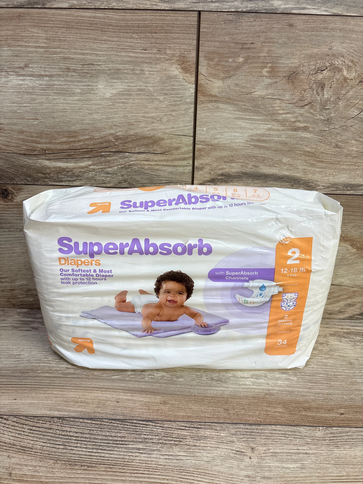 SuperAbsorb diapers pack size 2 for 12-18 lb babies with up to 12 hours leak protection