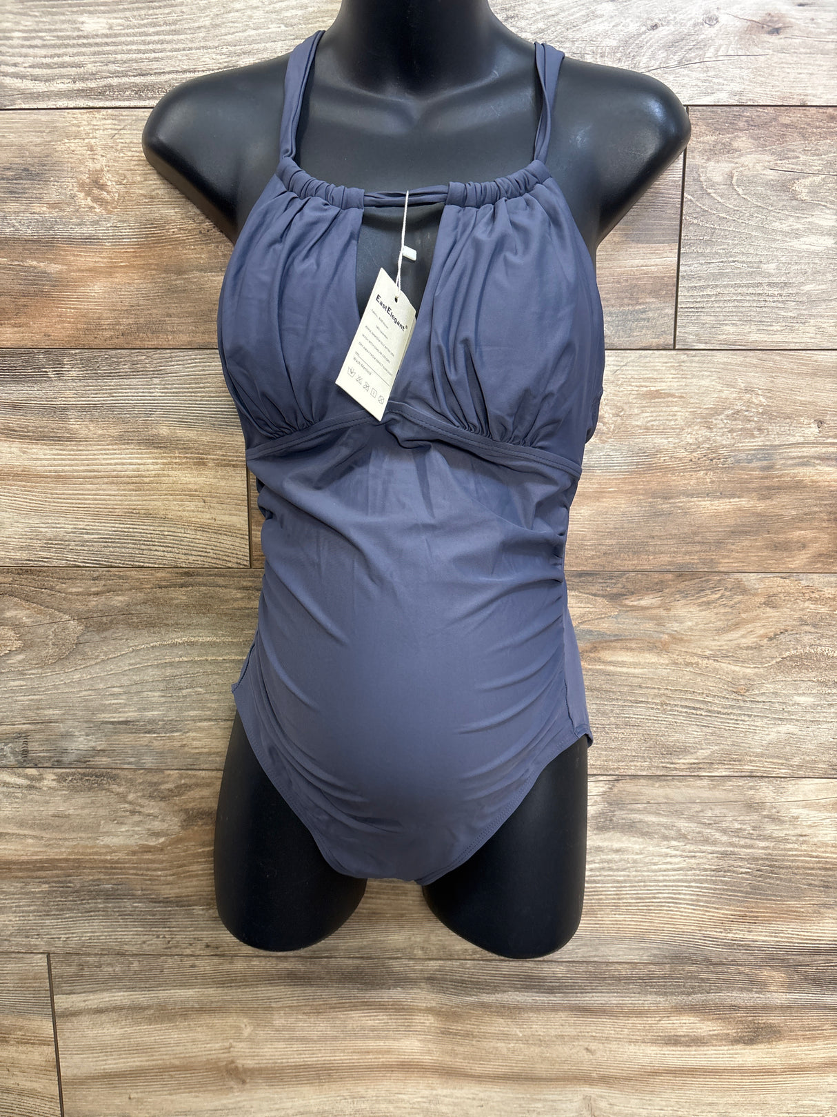 NEW East Elegant Maternity 1pc Halter Swimsuit Slate Blue sz Small