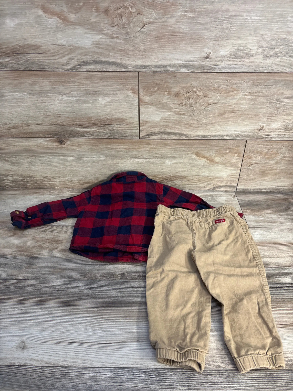 Wrangler 2pc toddler set featuring a red buffalo plaid shirt and tan pants.