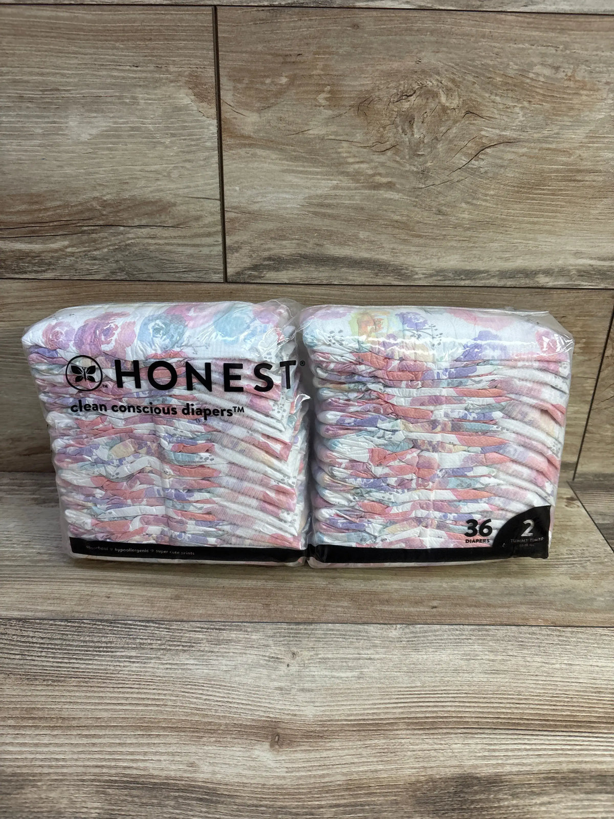 Two packs of Me n Mommy To Be Honest Clean Conscious Diapers, size 2, 36 count.