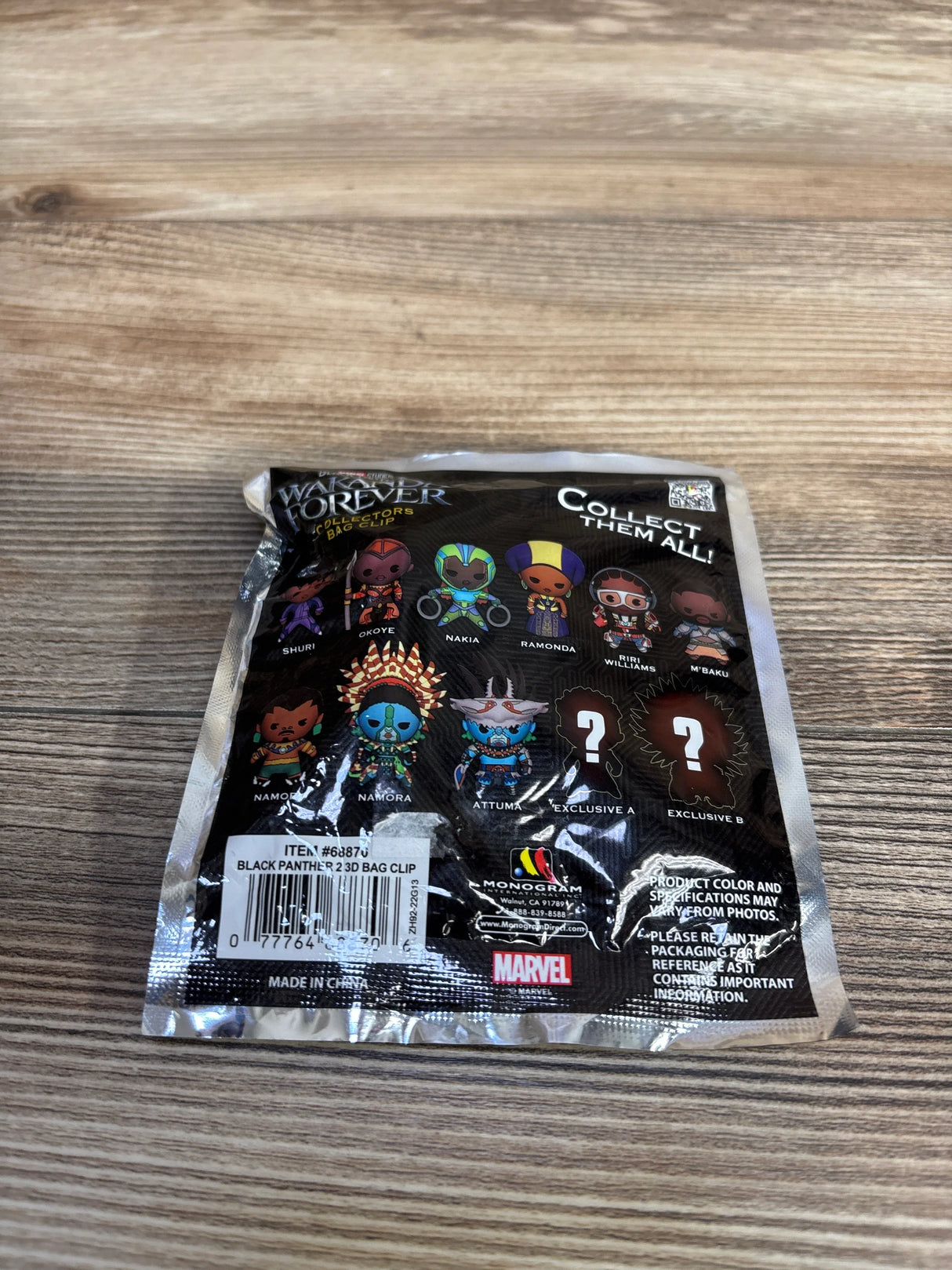 Marvel Black Panther 2 Forever collector bag clip package showing characters Shuri, Okoye, Nakia, Ramonda, Riri Williams, M'Baku, Namor, Namora, and Attuma