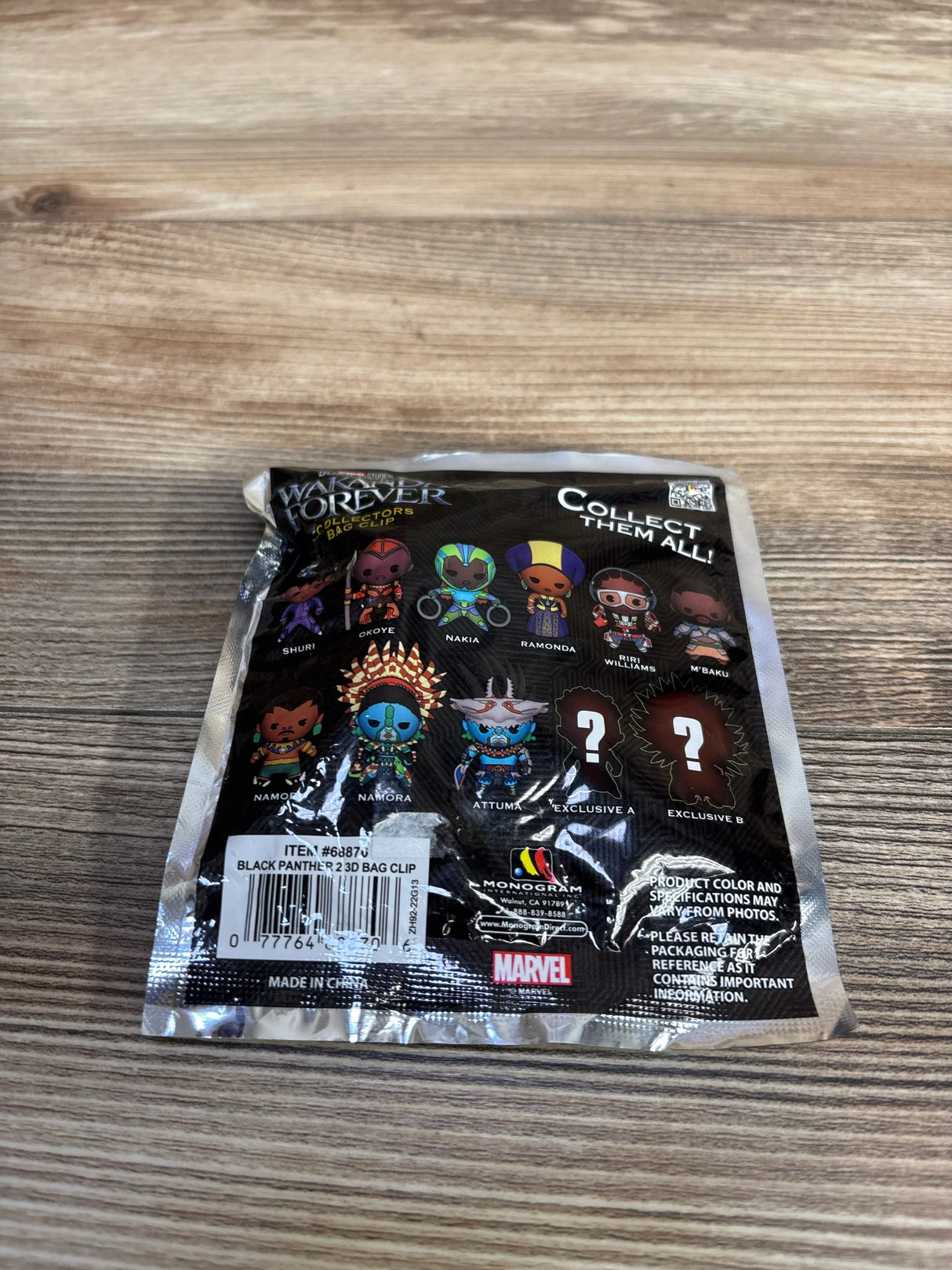 Marvel Black Panther 2 Forever collector bag clip package showing characters Shuri, Okoye, Nakia, Ramonda, Riri Williams, M'Baku, Namor, Namora, and Attuma