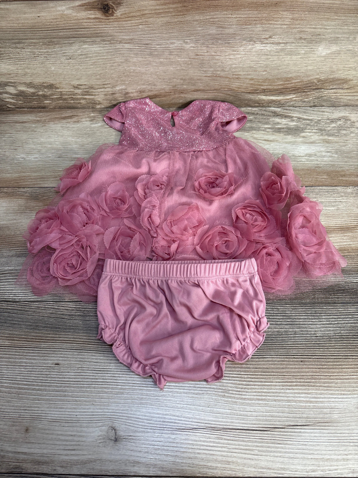 Nannette Glittery Rose Dress & Bloomers Pink sz 3-6m