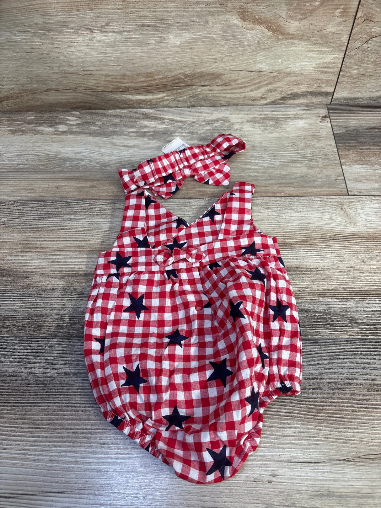 NEW Cat & Jack 2pc Gingham Stars Bubble Romper & Headband Set Red sz 0-3m