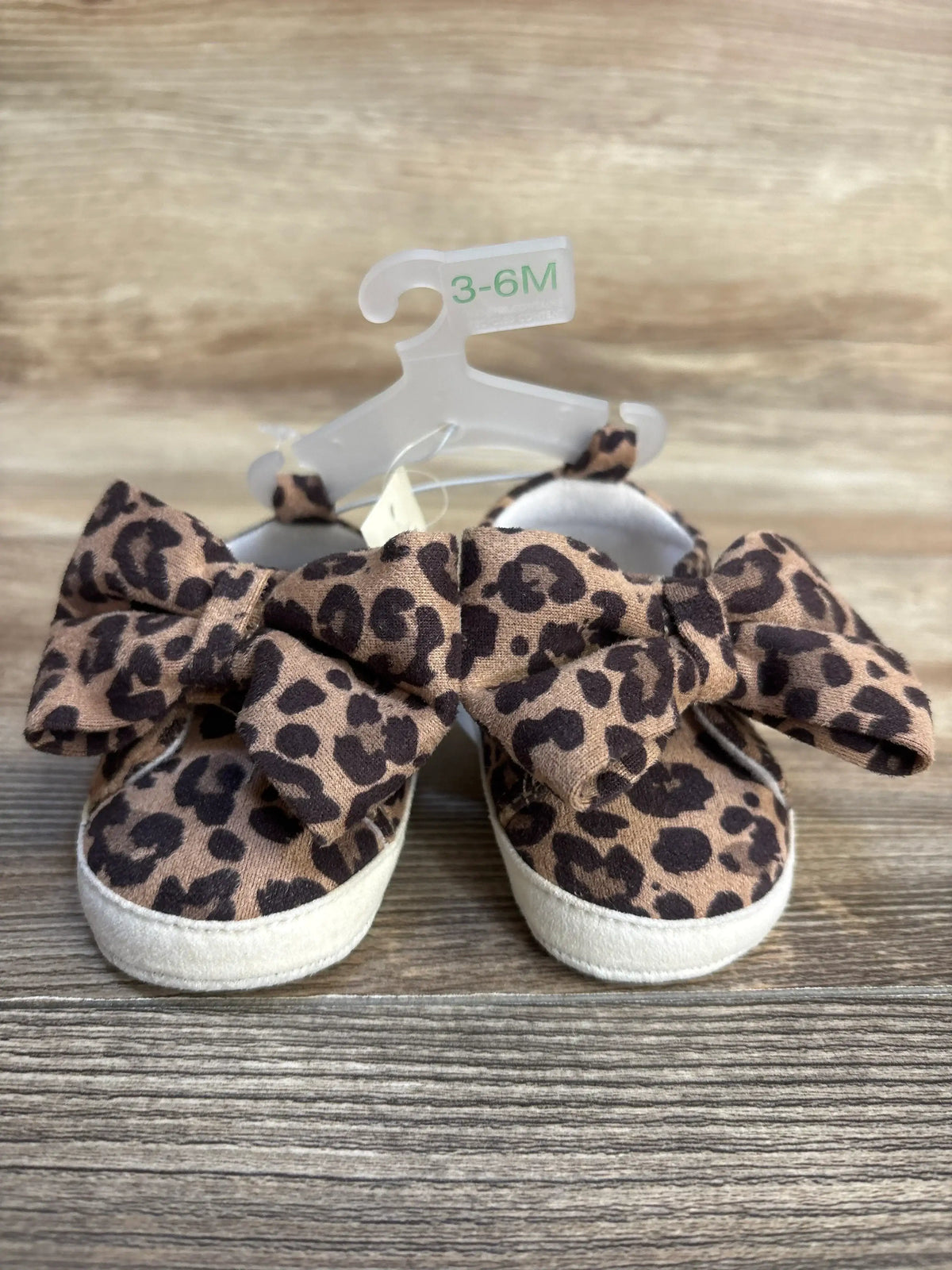 Leopard print baby shoes with bow, size 3-6M, soft sole for infants