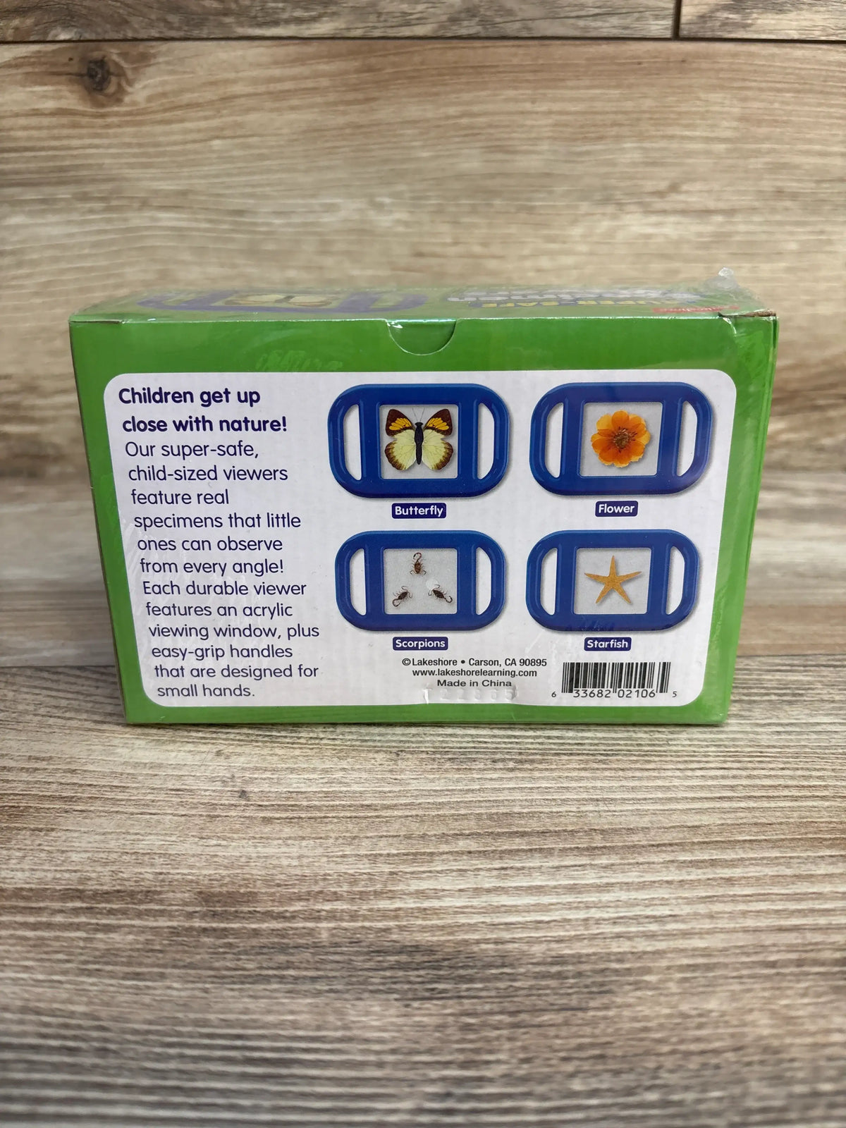 Lakeshore Super-Safe viewers box front showing four blue-handled viewers and headline Children get up close with nature